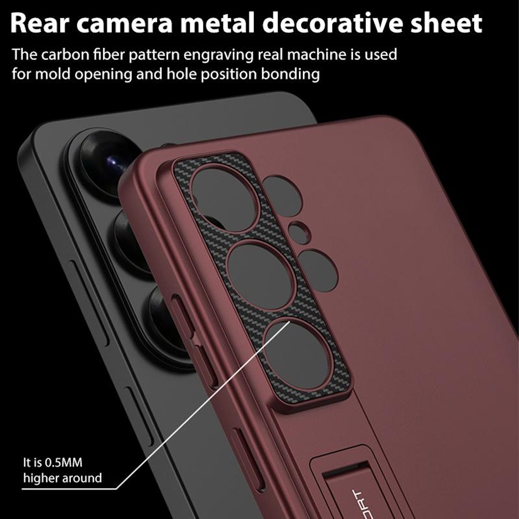 Funda roja para teléfono con patrón de fibra de carbono alrededor de la cámara.