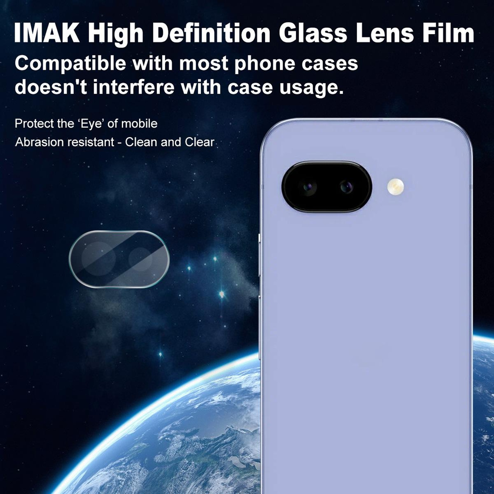 Ein lila Handy mit Kameralinse und Erde im Hintergrund.