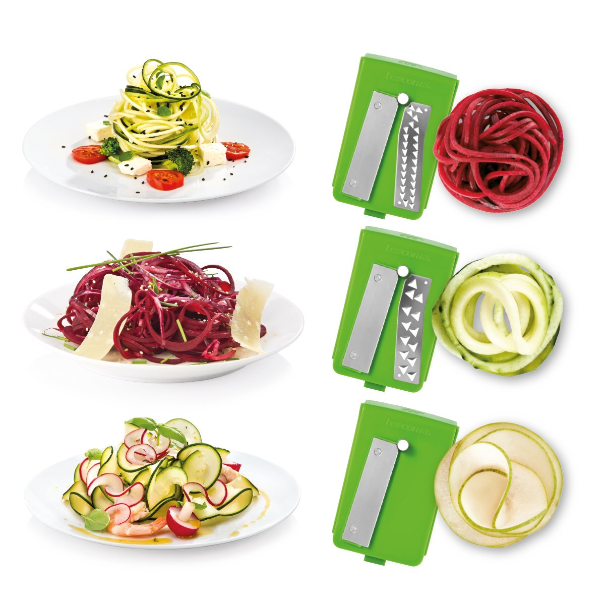 Grüne Spiralschneider mit Nudeln aus Zucchini, Roter Bete und Birne.