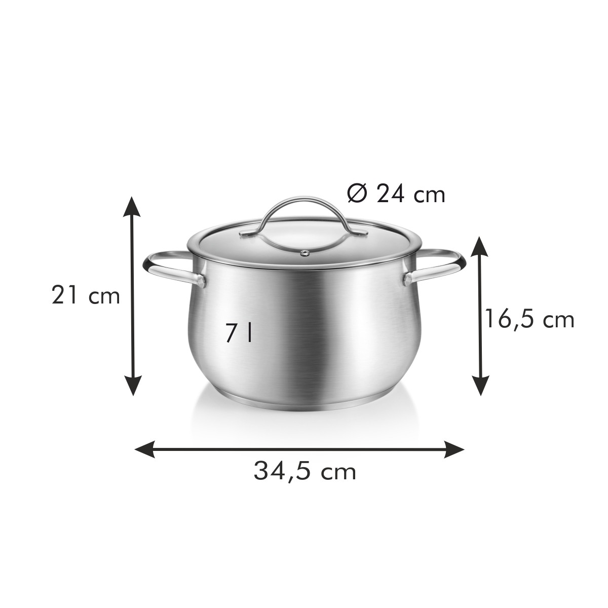 Edelstahltopf mit Deckel, 24 cm Durchmesser, 7 Liter, 21 cm hoch.
