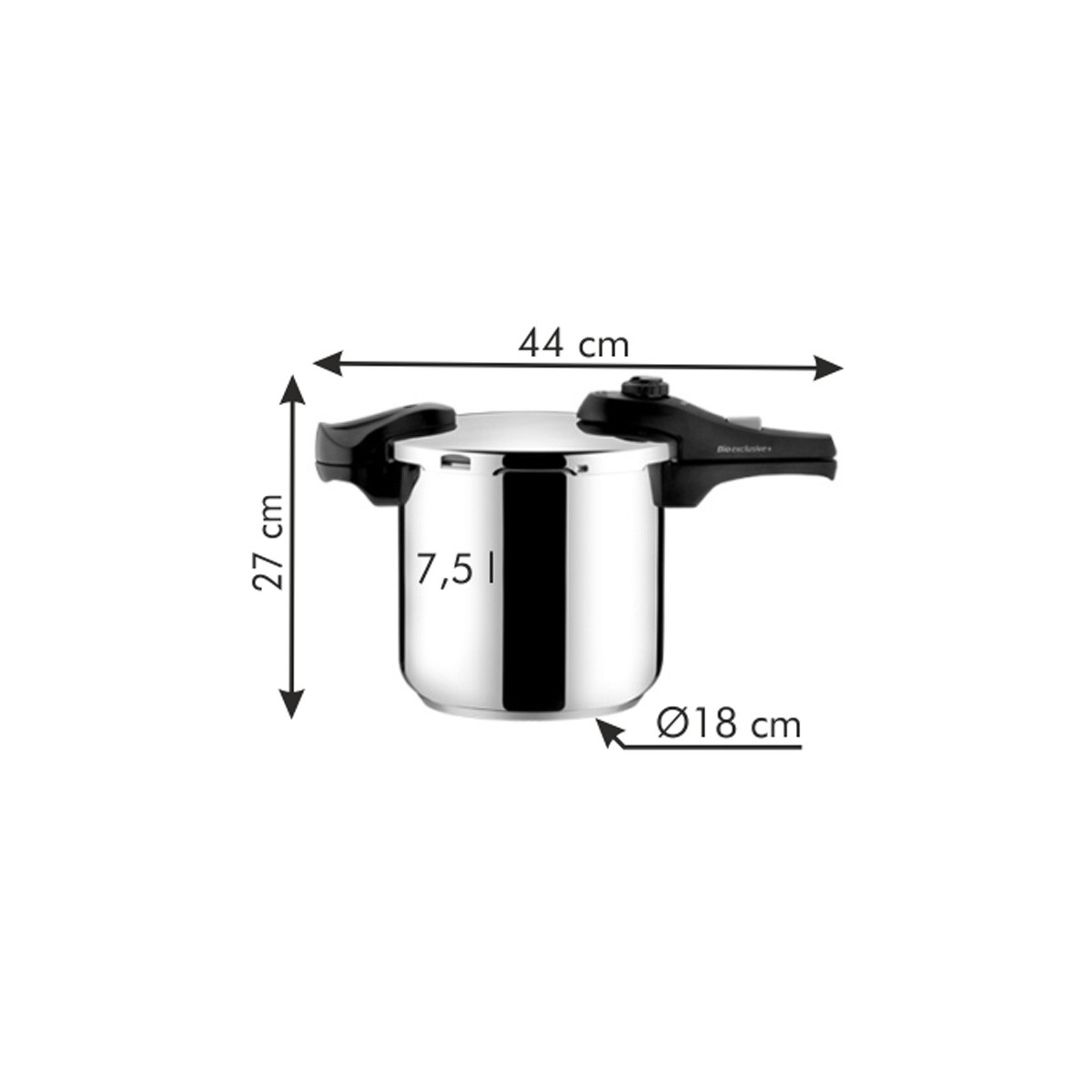 Edelstahl-Schnellkochtopf mit Henkeln, 7,5l, H:27cm, B:44cm, D:18cm.