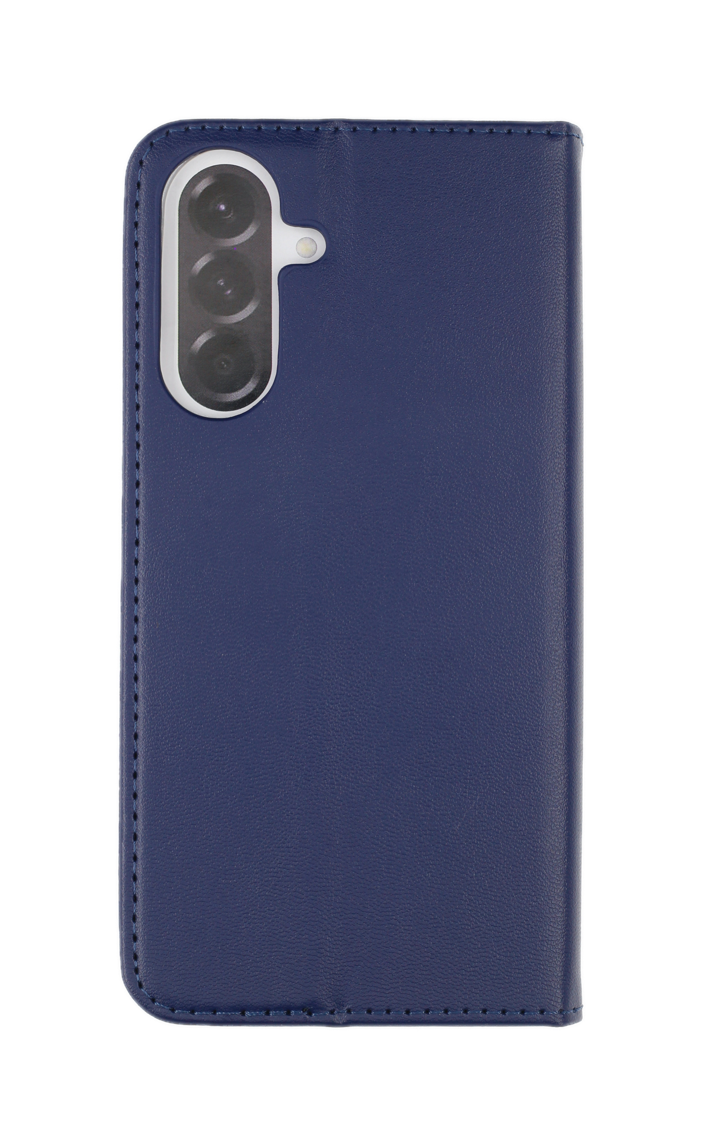 Dunkelblaue Handyhülle aus Leder mit Kameraöffnung und Nähten.