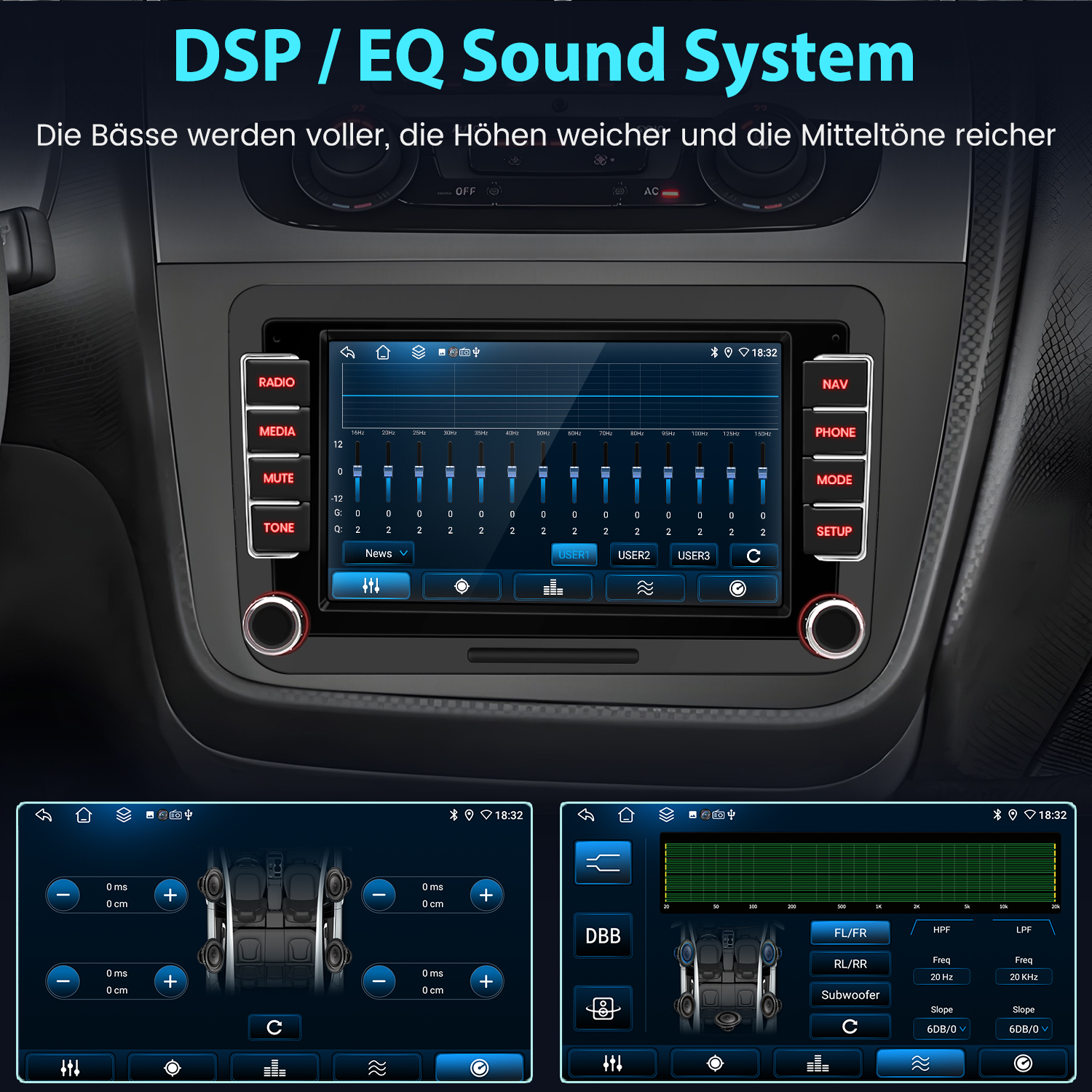 DSP/EQ Soundsystem im Auto mit Equalizer- und Lautsprechereinstellungen.
