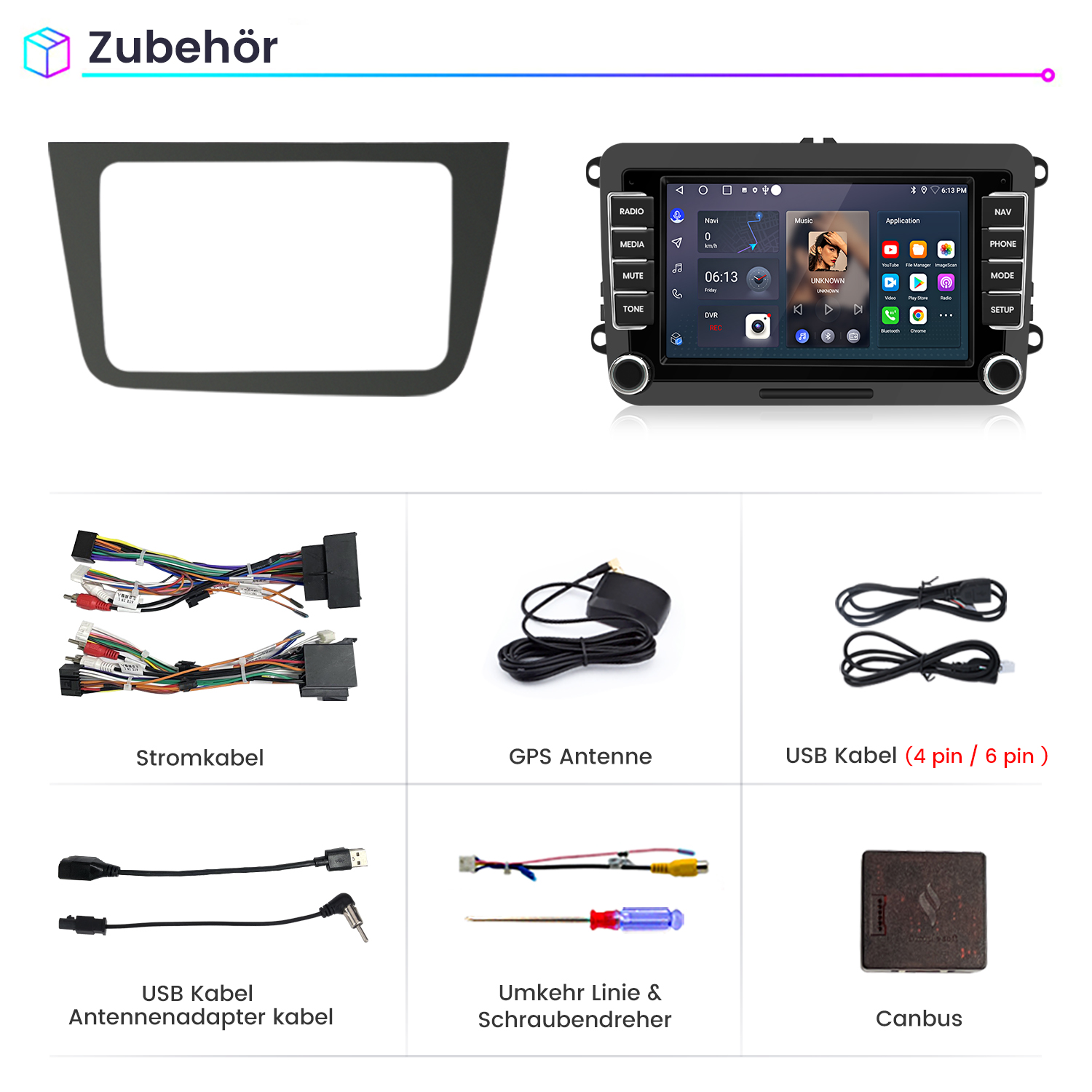 Einbau-Set für Autoradio: Blende, Radio, Kabel, Antenne, Schraubendreher, Canbus.