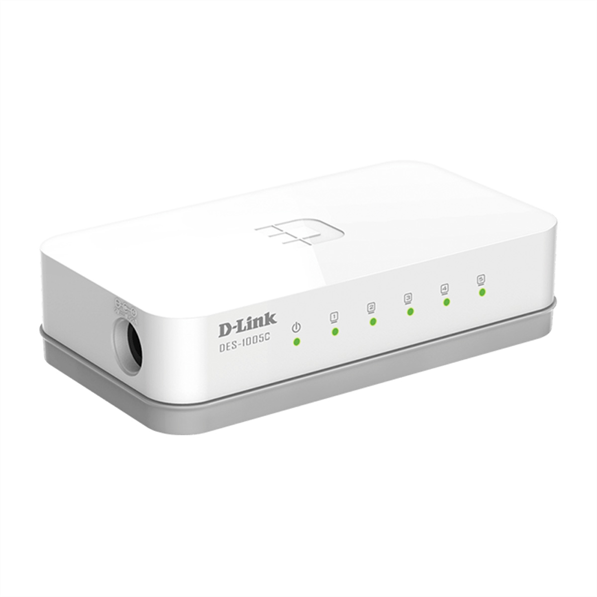 Ein weißer D-Link DES-1005C Netzwerk-Switch mit fünf grünen LEDs.