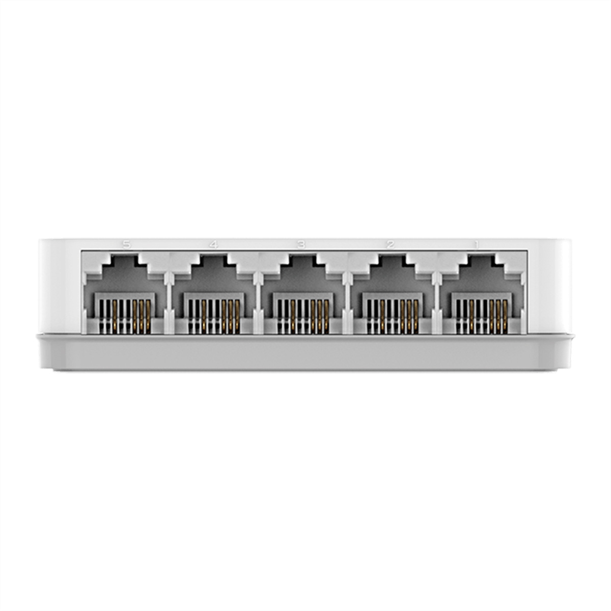 Ein weißer 5-Port-Netzwerk-Switch mit Ethernet-Anschlüssen.