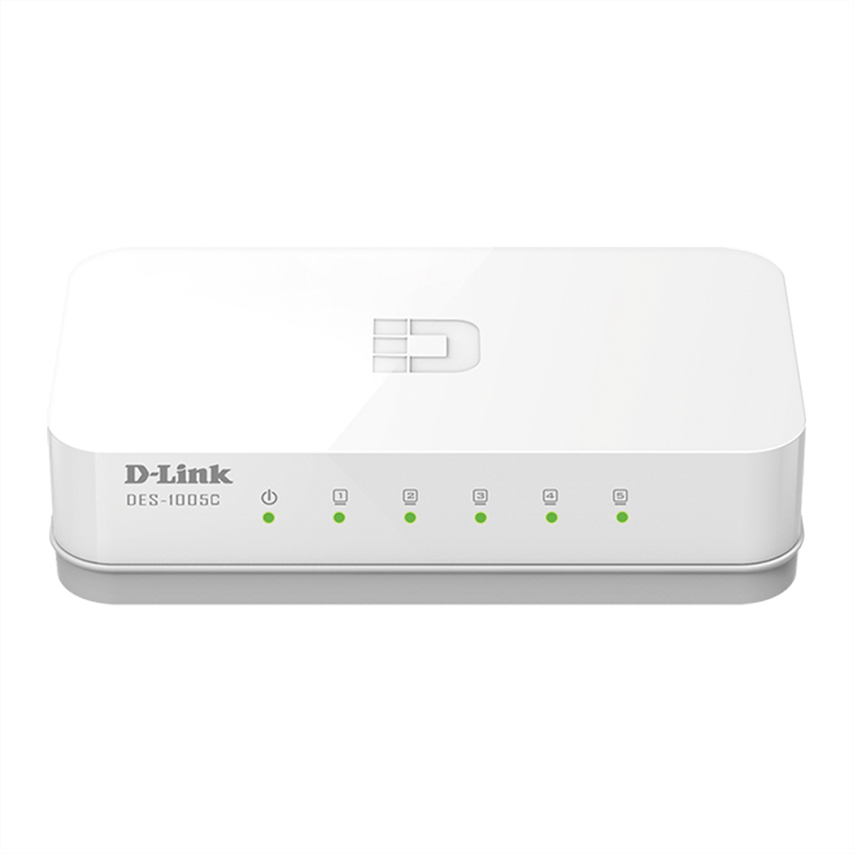 Ein weißer D-Link DES-1005C Netzwerk-Switch mit fünf grünen LEDs.