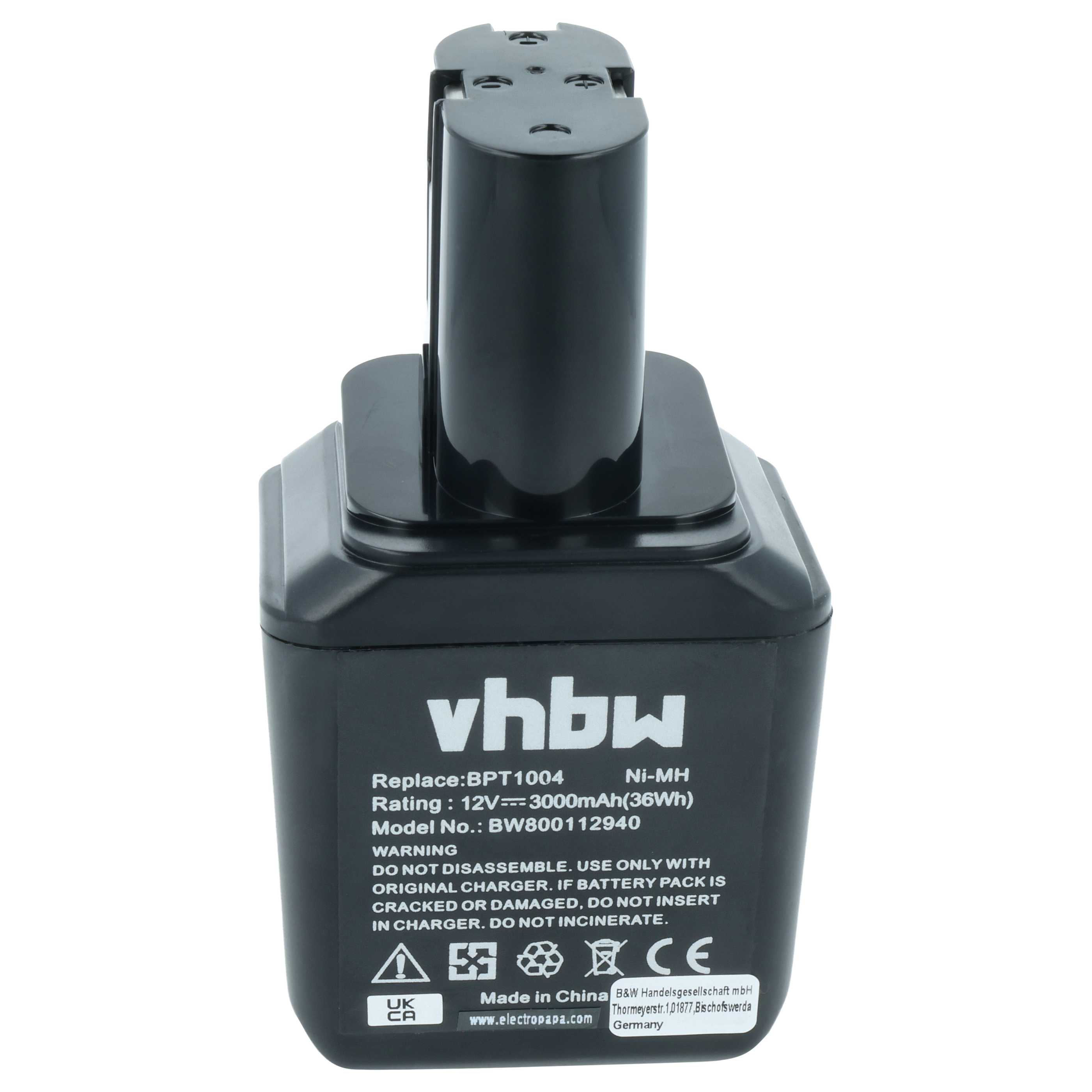 Schwarzer Ni-MH Akku mit Beschriftung: vhbw, 12V, 3000mAh. Hergestellt in China.