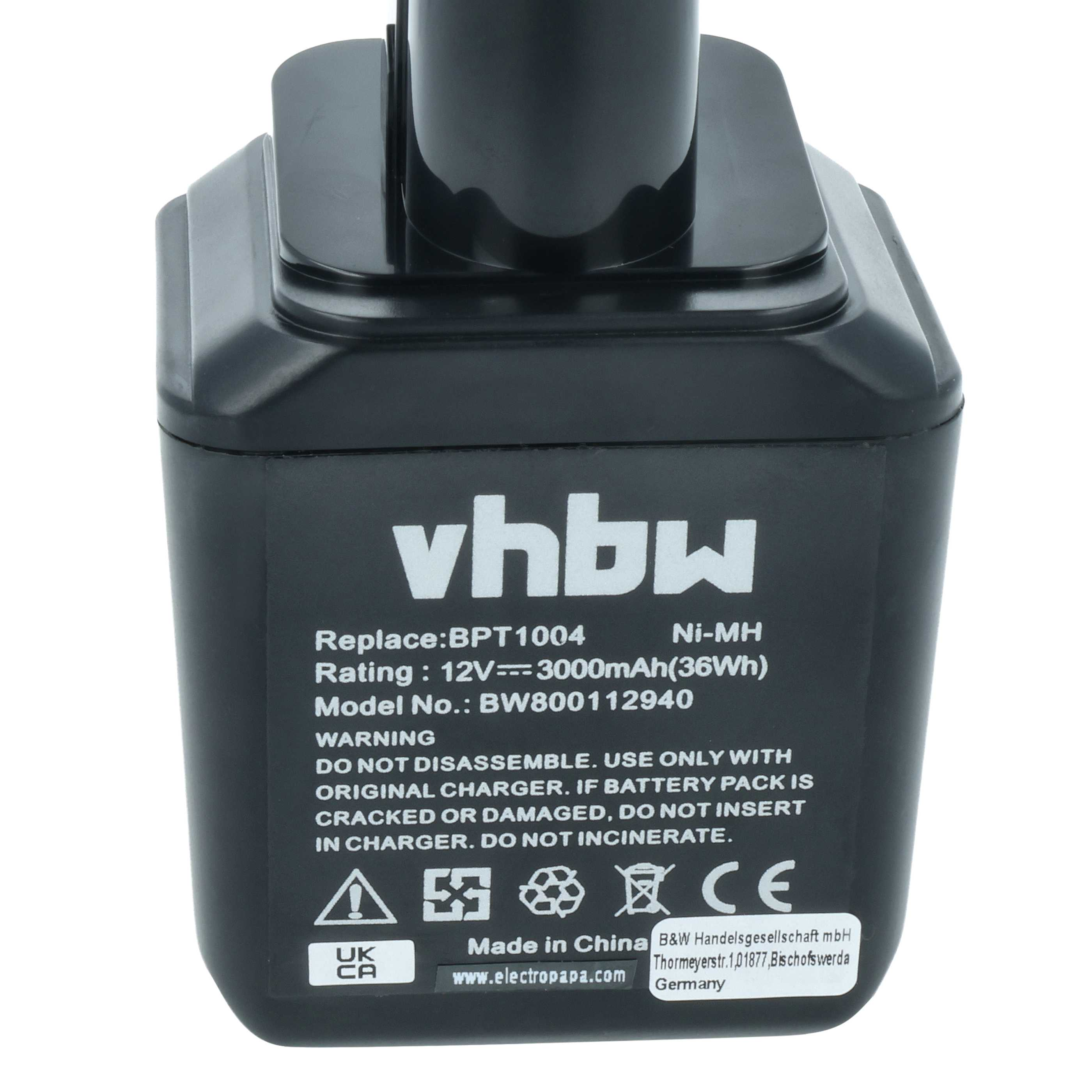 Schwarzer Akku mit weißen Beschriftungen, 12V, 3000mAh, Made in China.