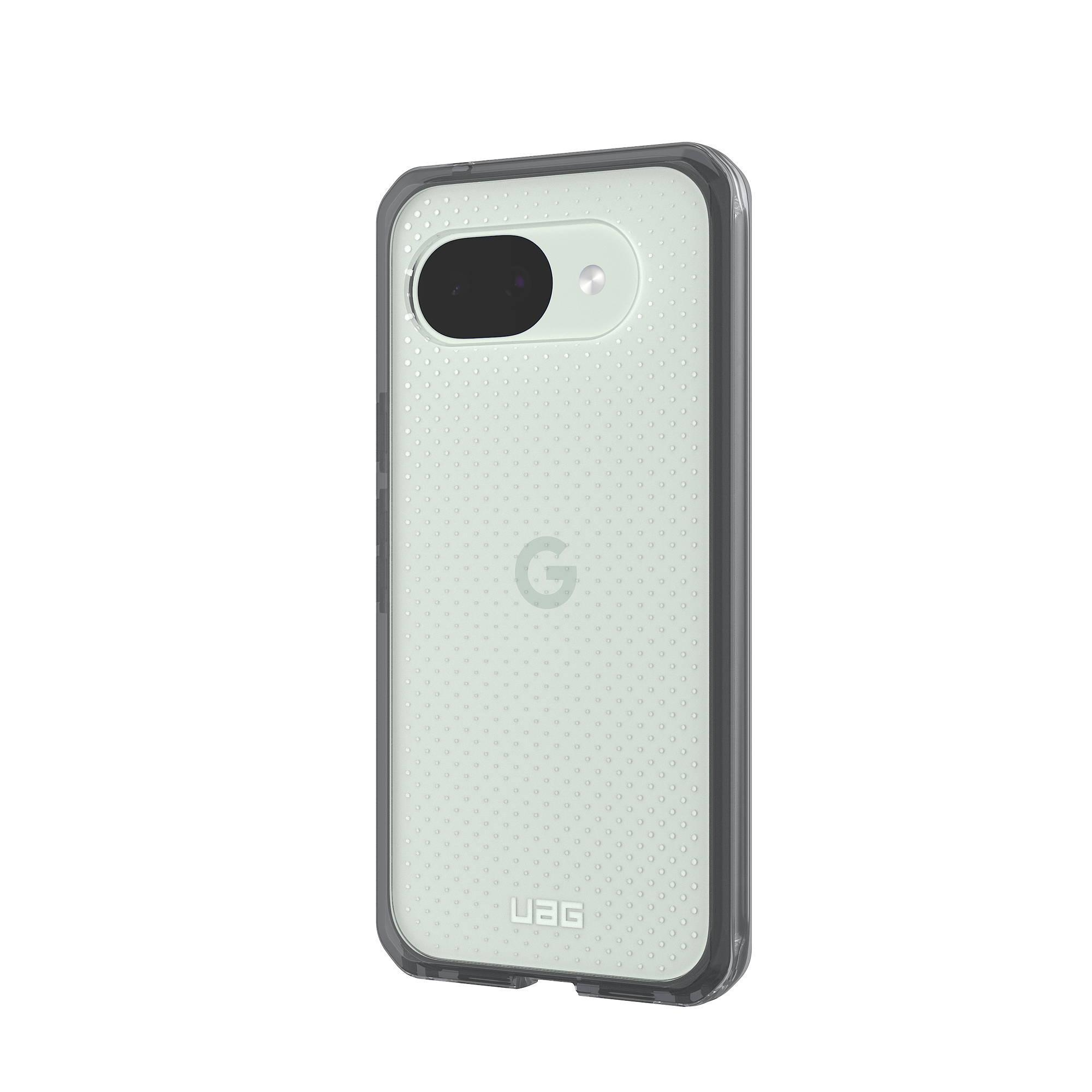 Ein durchsichtiger Schutz für ein Smartphone mit gepunkteter Rückseite und Kamera.