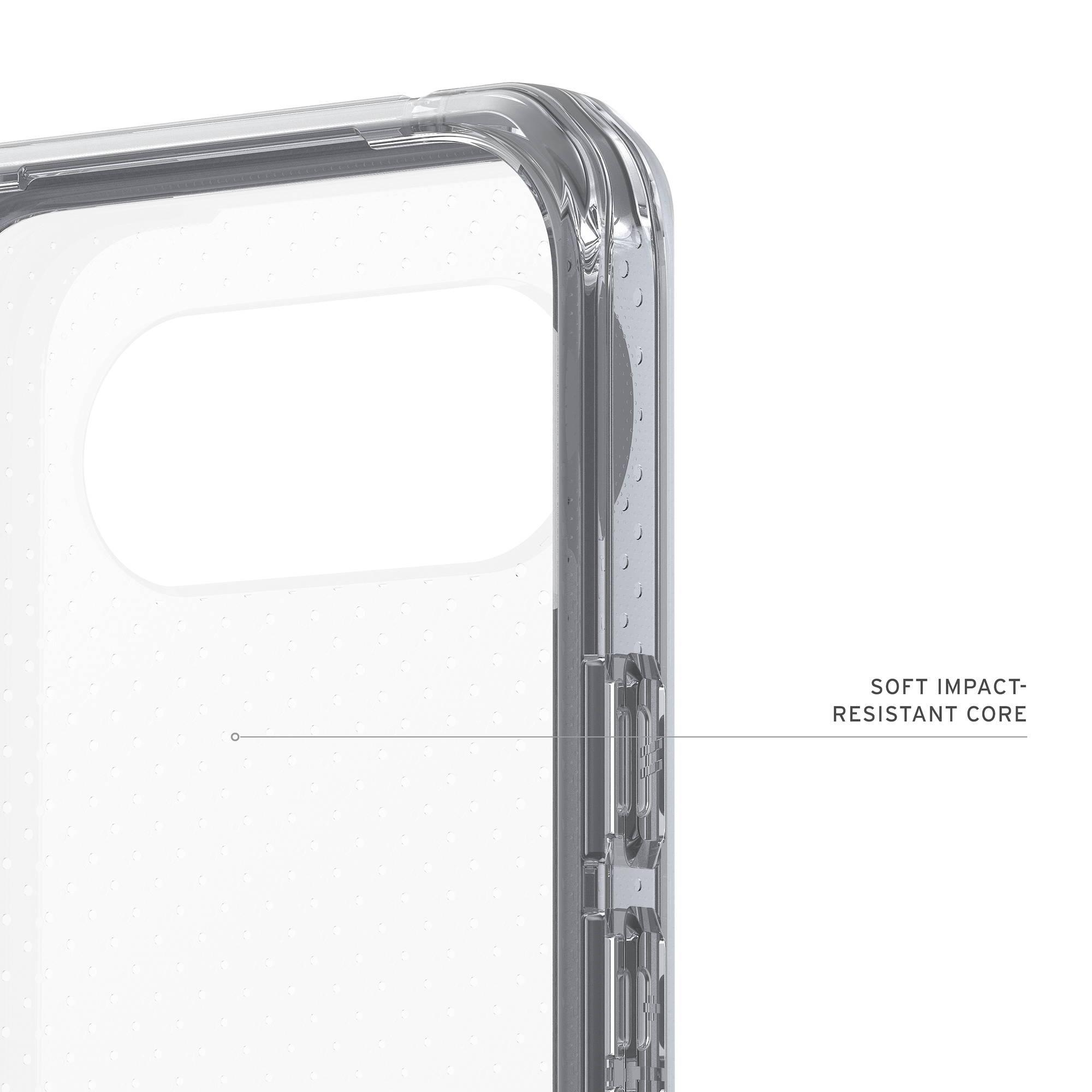 Detailaufnahme einer transparenten Handyhülle mit Stoßschutz.