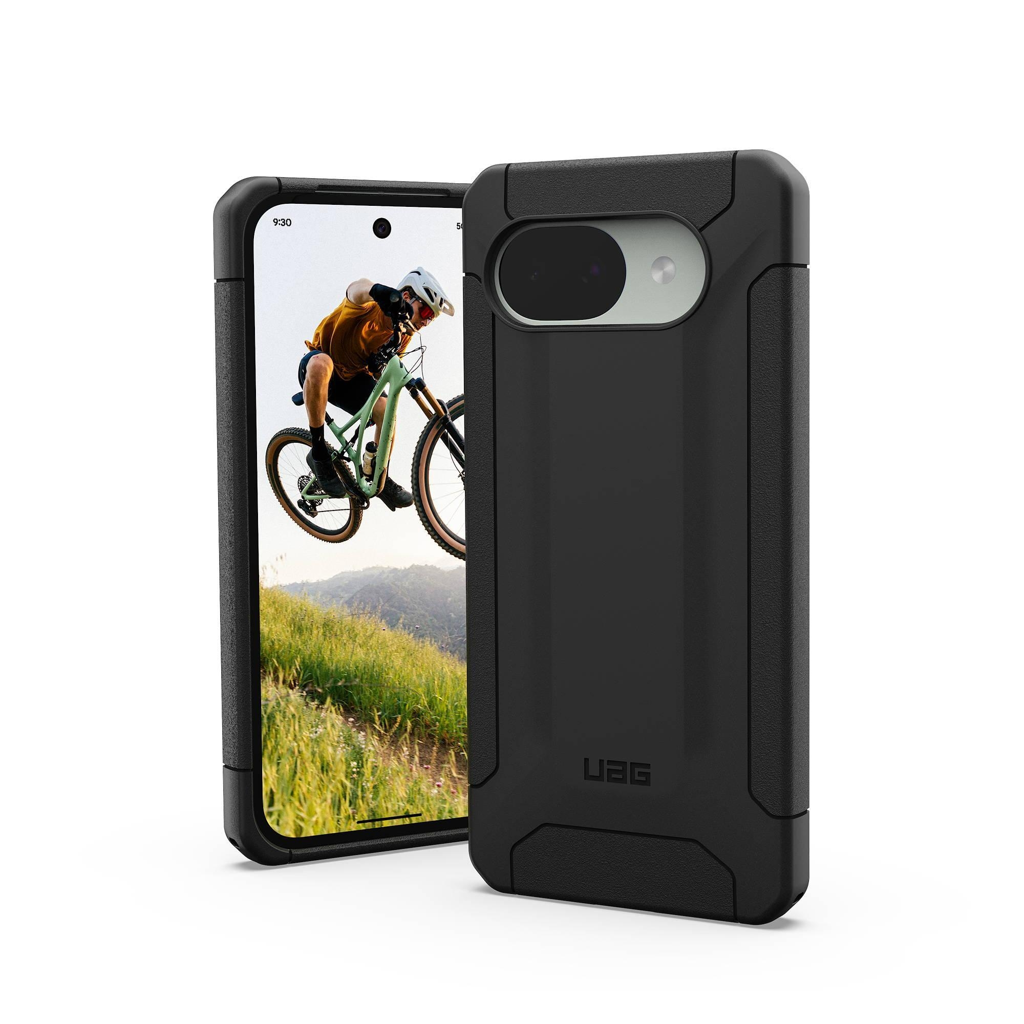 Ein schwarzes Handy mit einem Mountainbiker im Sprung auf dem Bildschirm.