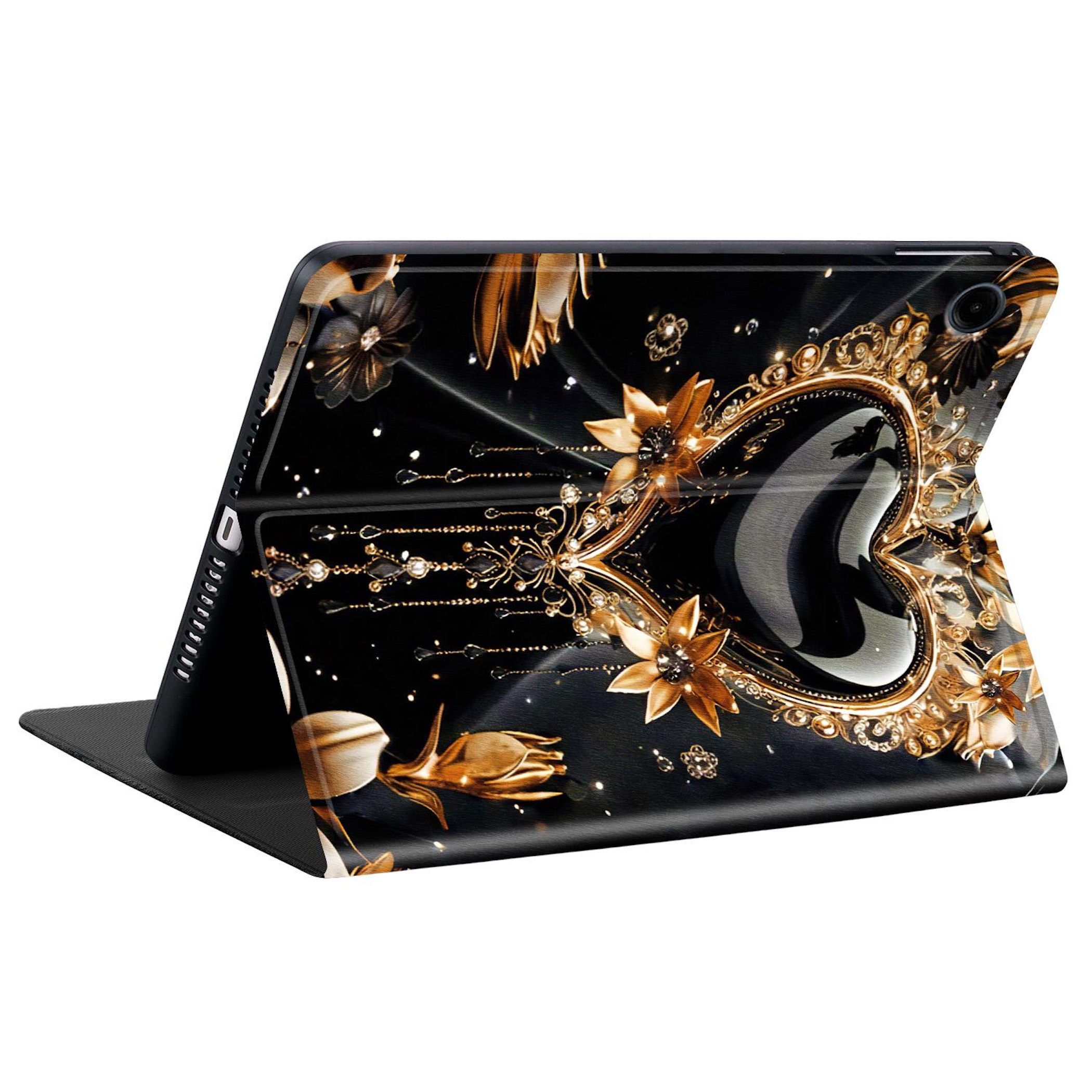 Schwarzer Tablet-Ständer mit goldenem Herz-Design und Blumenapplikationen.