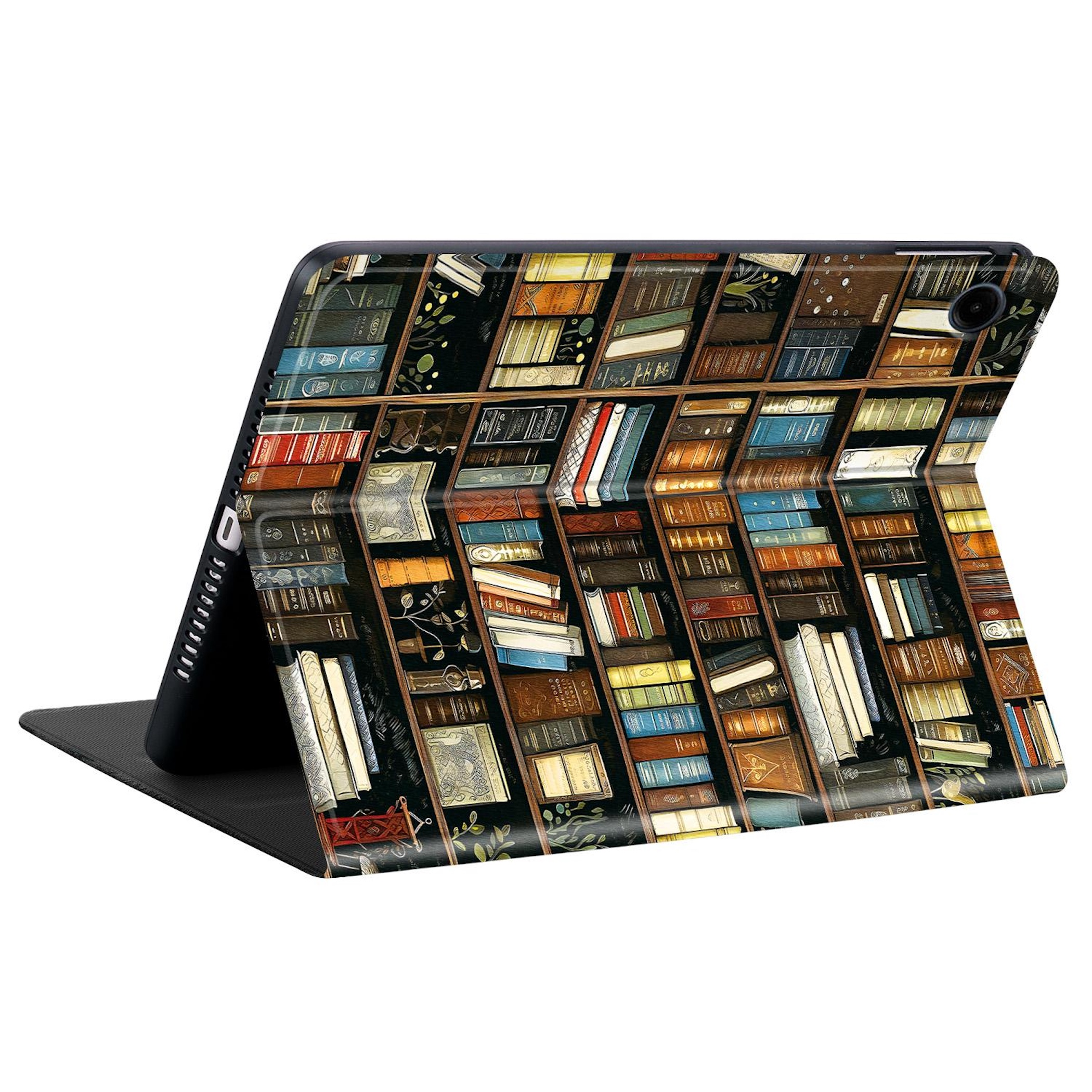 Ein Tablet mit einem Buchrücken-Design, das auf einem schwarzen Ständer steht.