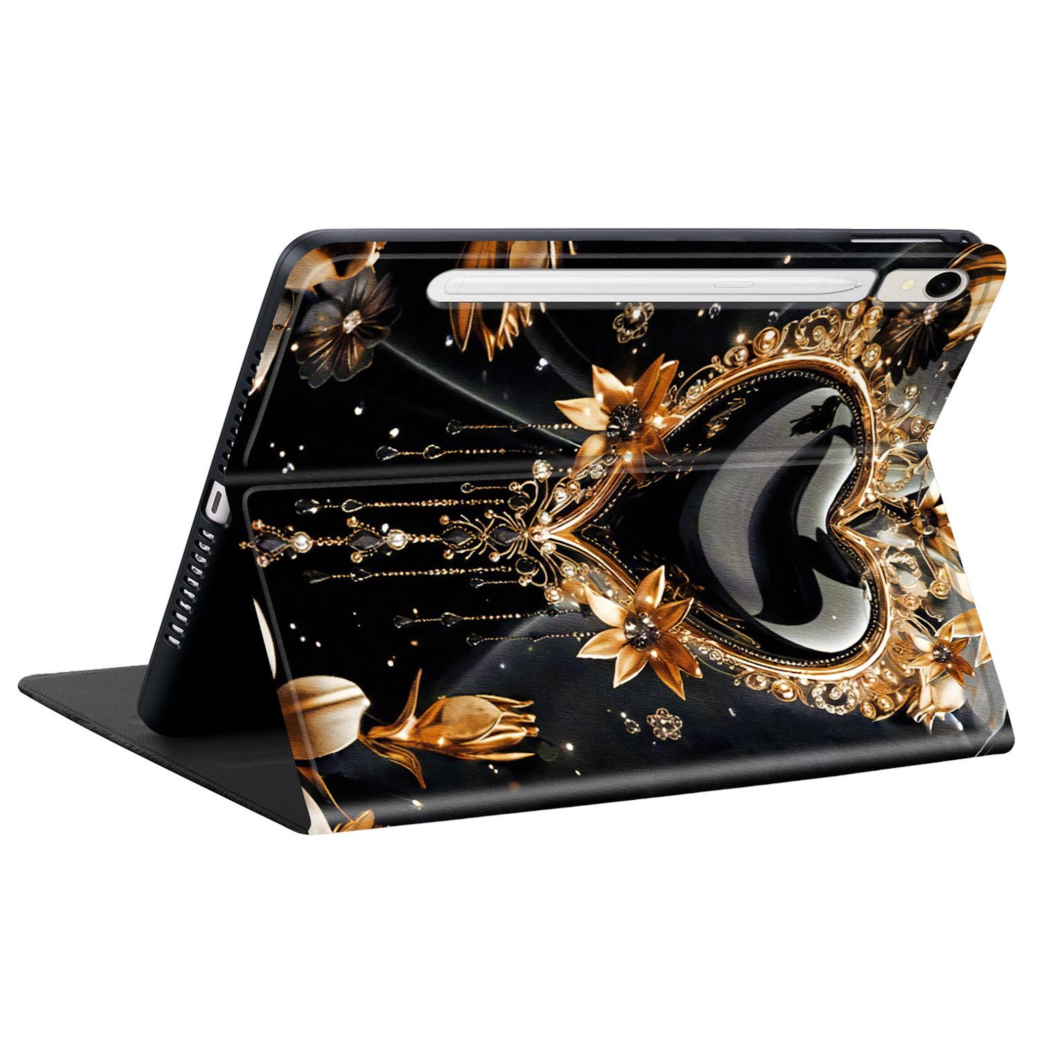 Schwarzer Tablet-Ständer mit goldenen Blumen und herzförmigem Spiegel.
