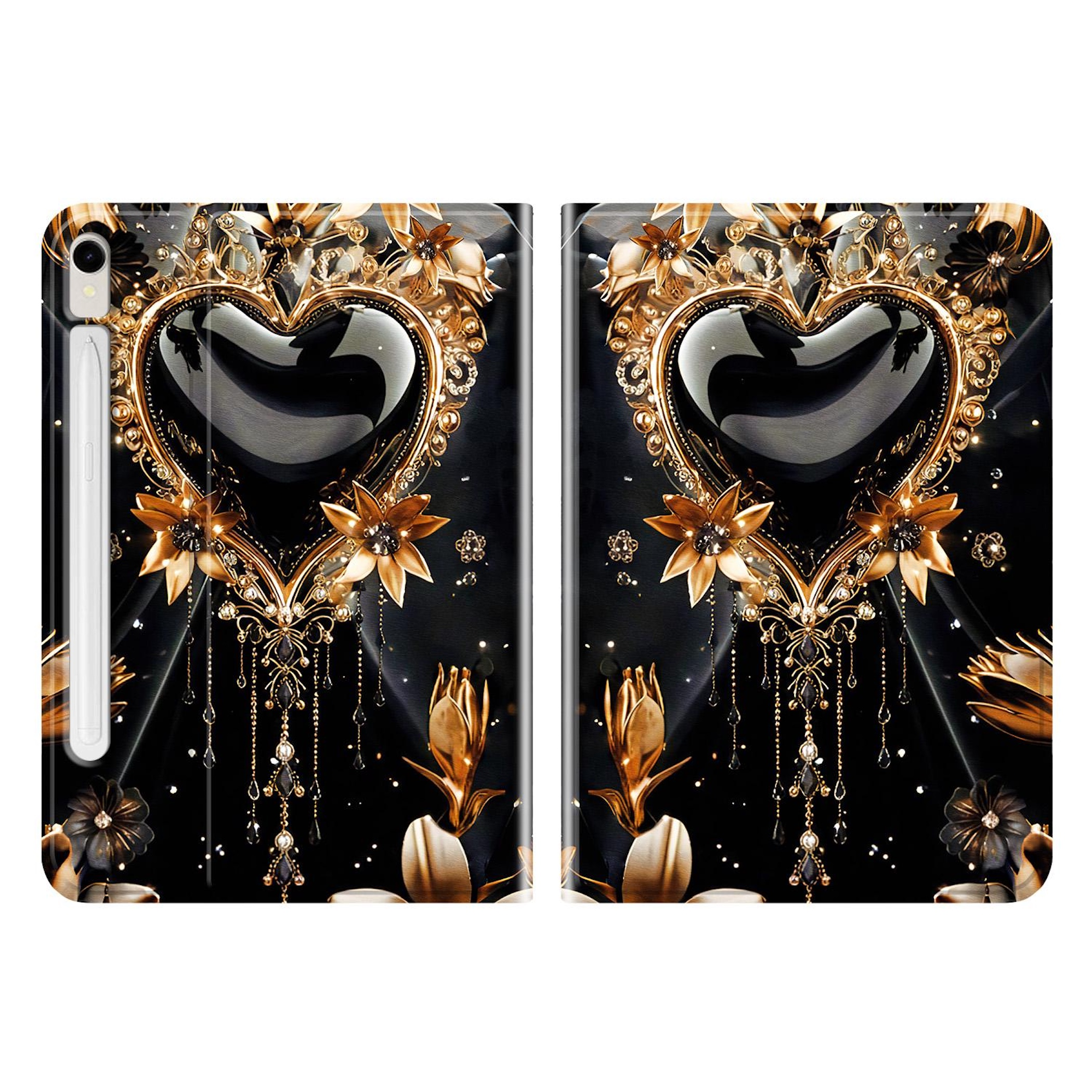 Ein schwarzes Etui mit goldenem Herz-Schmuck, Blumen und Perlen.