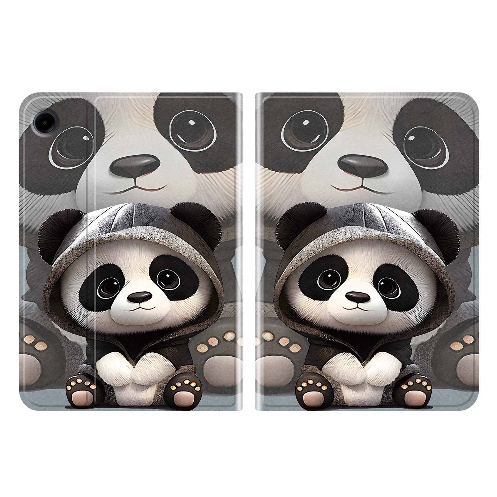 Zwei niedliche Pandas in Hoodies sitzen nebeneinander vor einem größeren Panda-Gesicht.