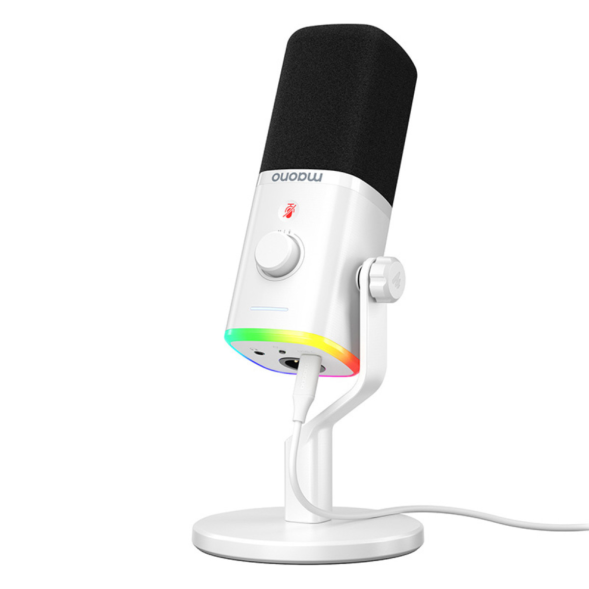 Un microphone blanc avec un dessus en mousse noire et éclairage RVB.