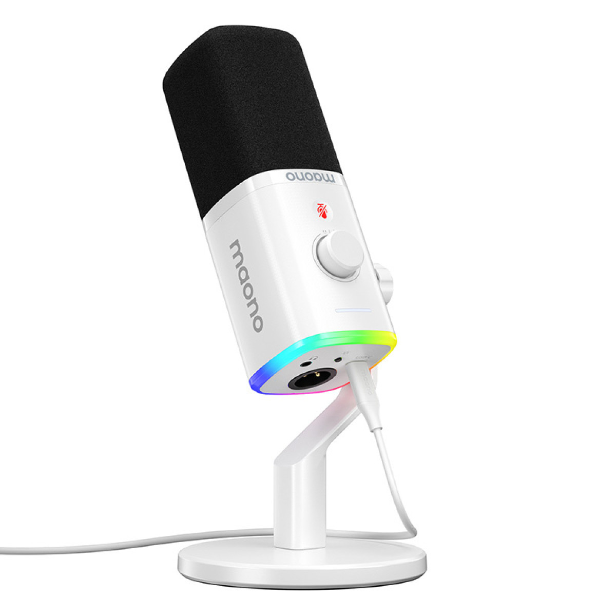 Un microphone blanc avec bonnette noire et éclairage RVB sur un pied.
