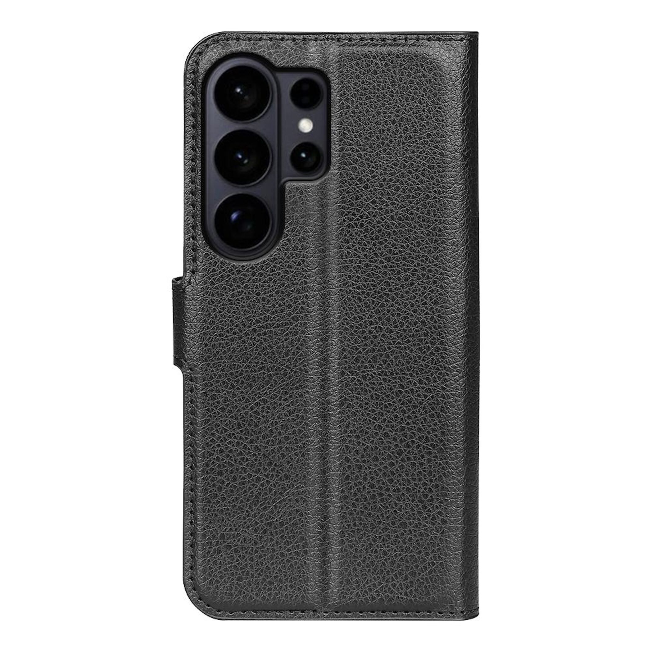 Funda tipo libro de cuero negro para smartphone, con lentes de cámara visibles.