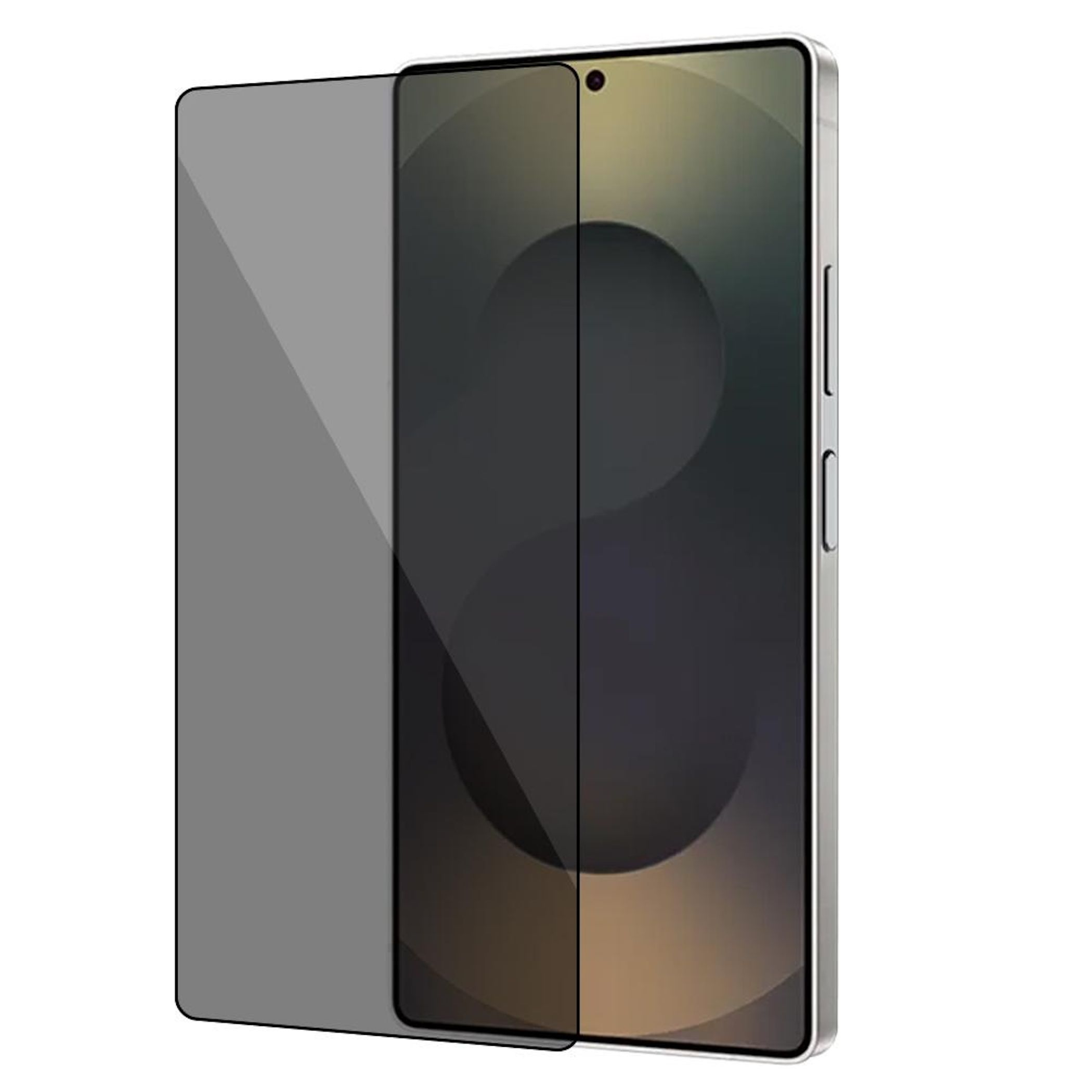 Ein grauer Sichtschutzfilter auf einem Smartphone mit silbernem Rahmen.