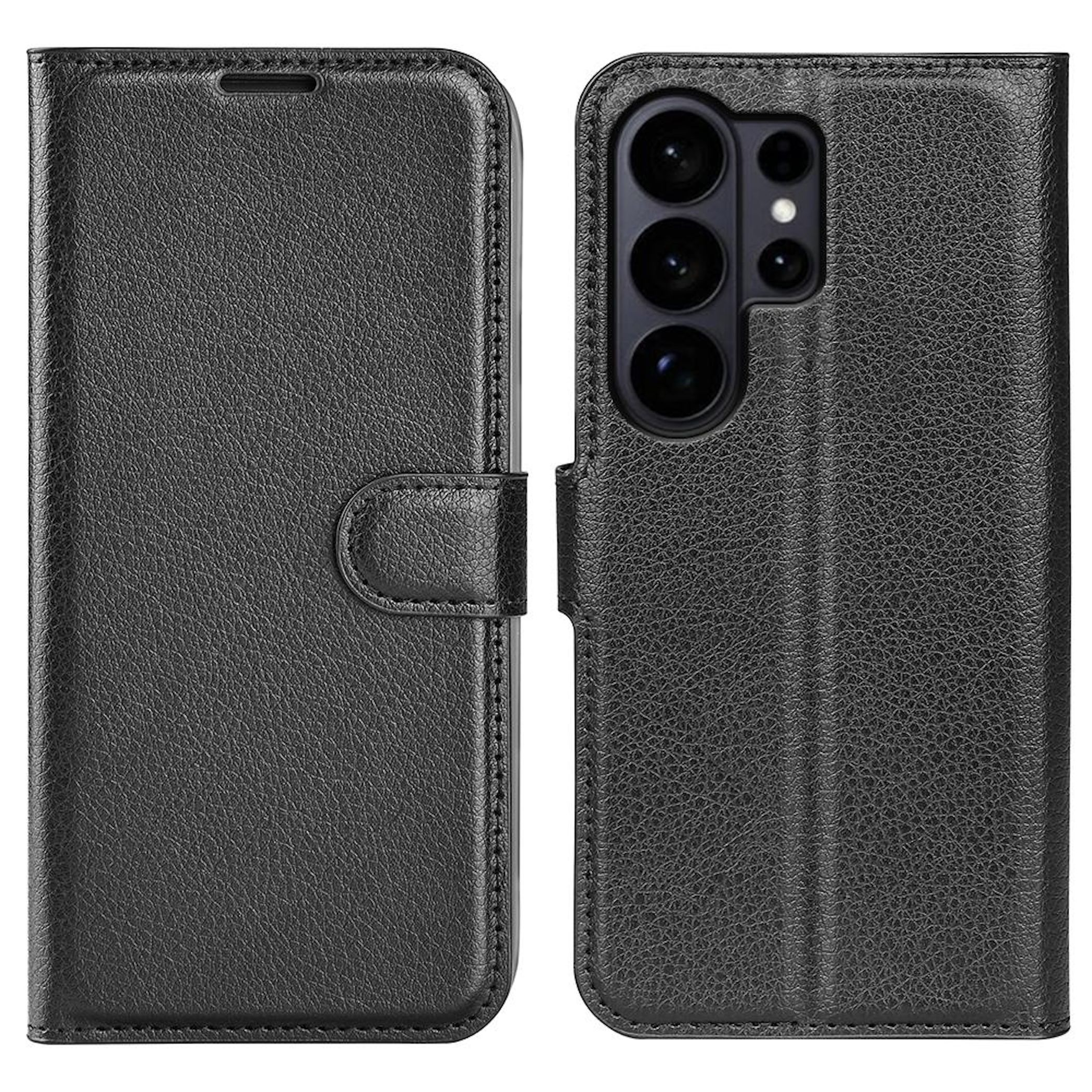 Funda de teléfono tipo libro de cuero negro con recorte de cámara.