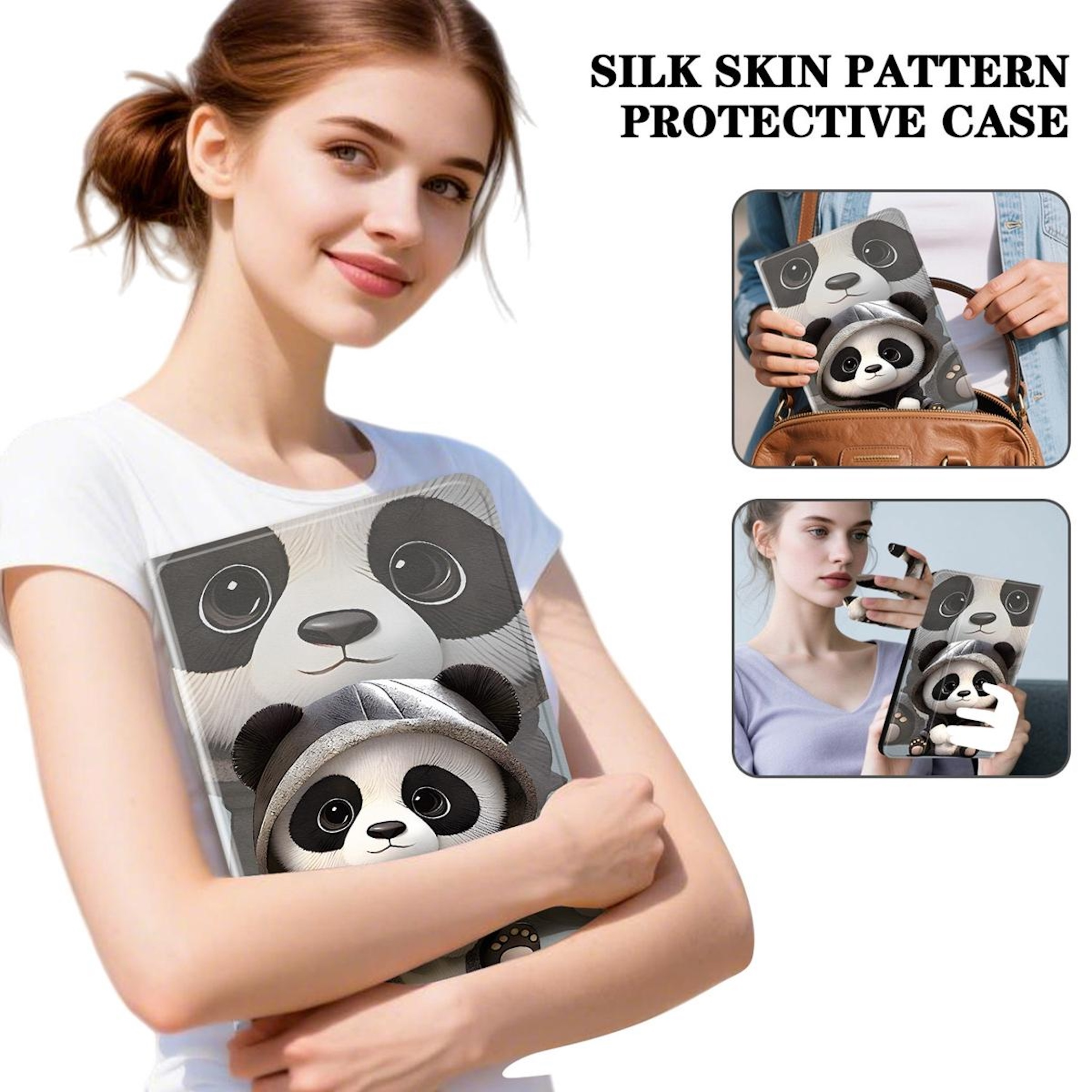Eine Frau hält eine Hülle mit Pandas. Nahaufnahme.