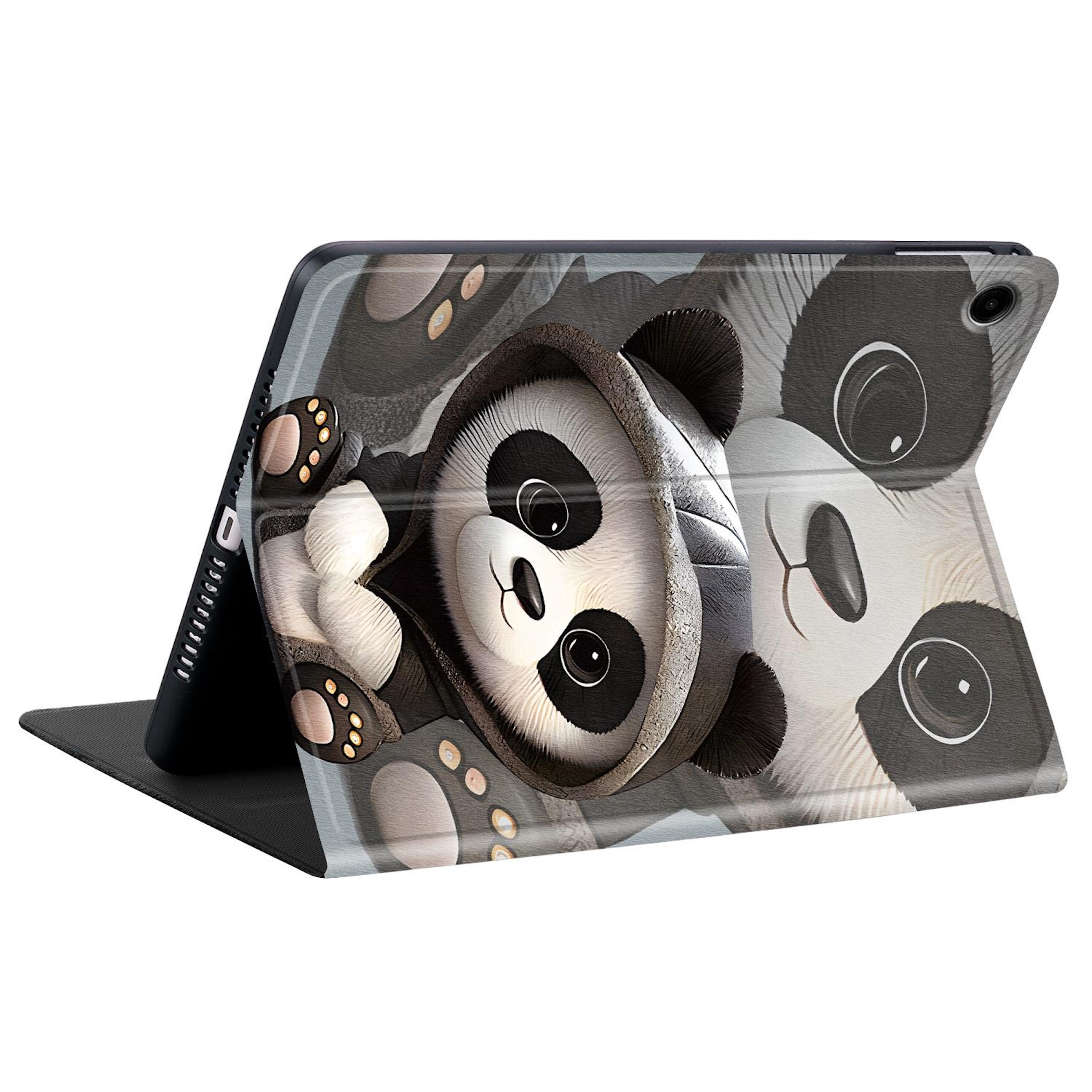 Ein Tablet mit einem niedlichen Panda-Design, das auf einer schwarzen Unterlage steht.