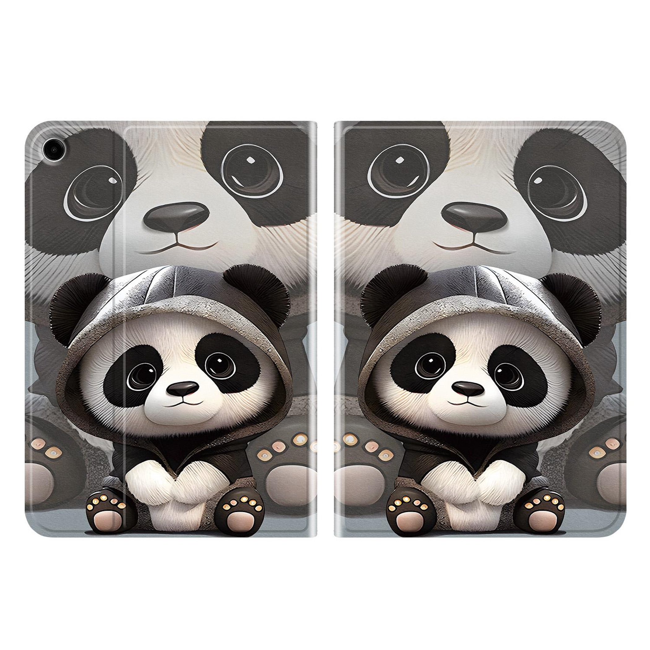 Zwei süße Pandas in Hoodies auf einem Tablet-Cover.