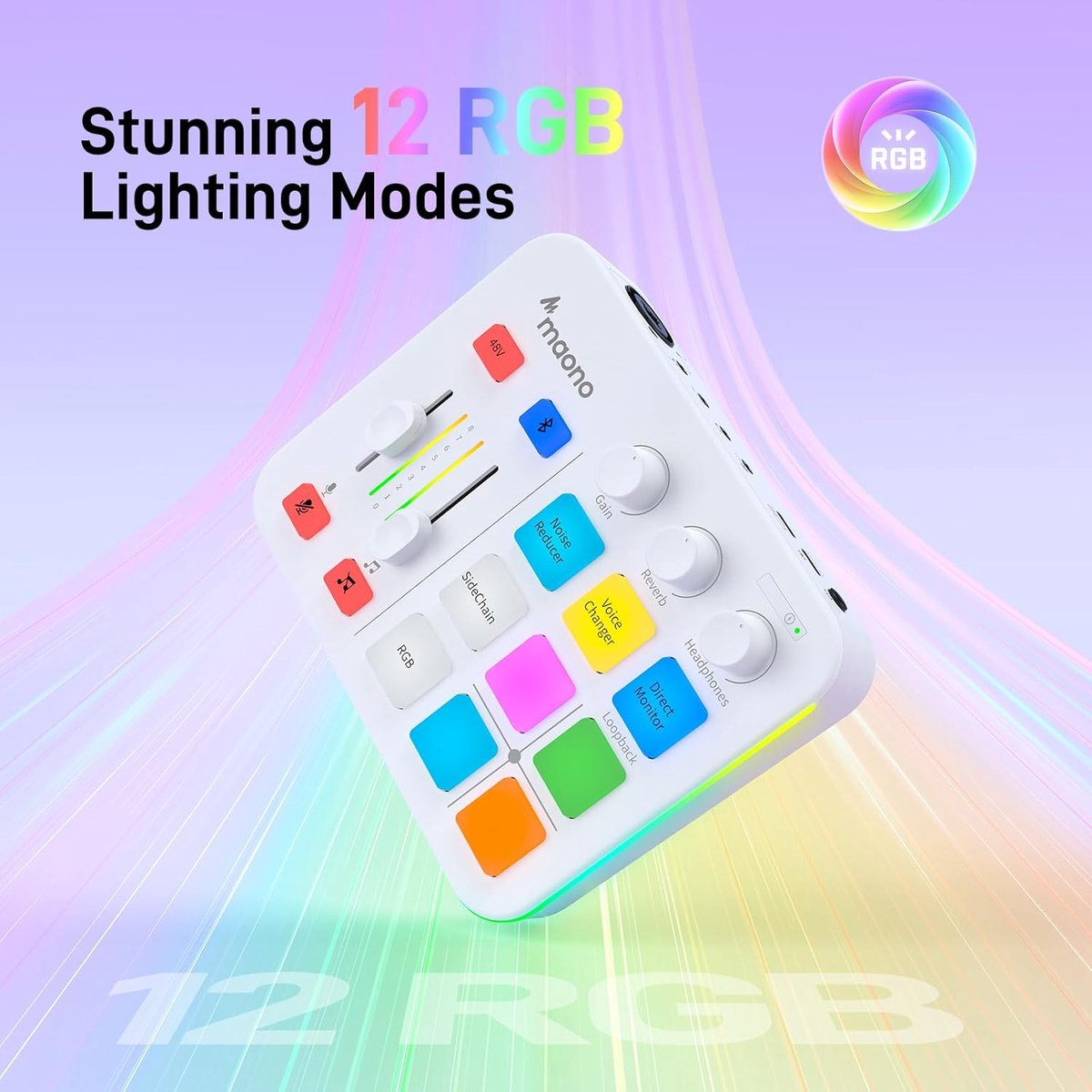 A white Maono audio interface with colored buttons and RGB lighting.