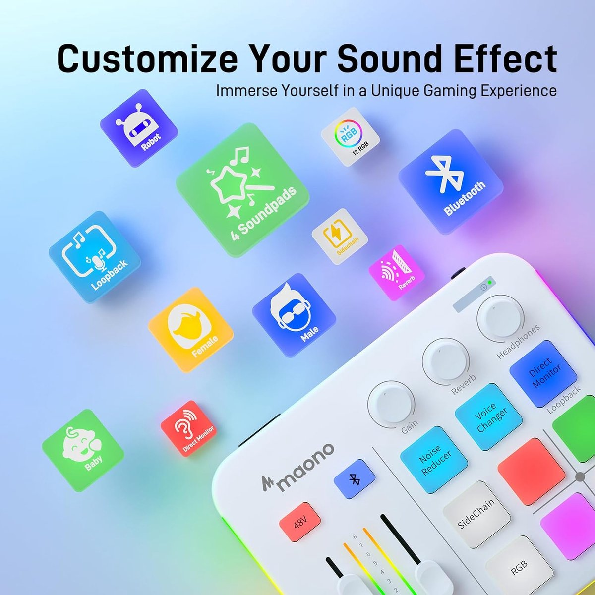 A white mixing console with colorful square buttons and icons.