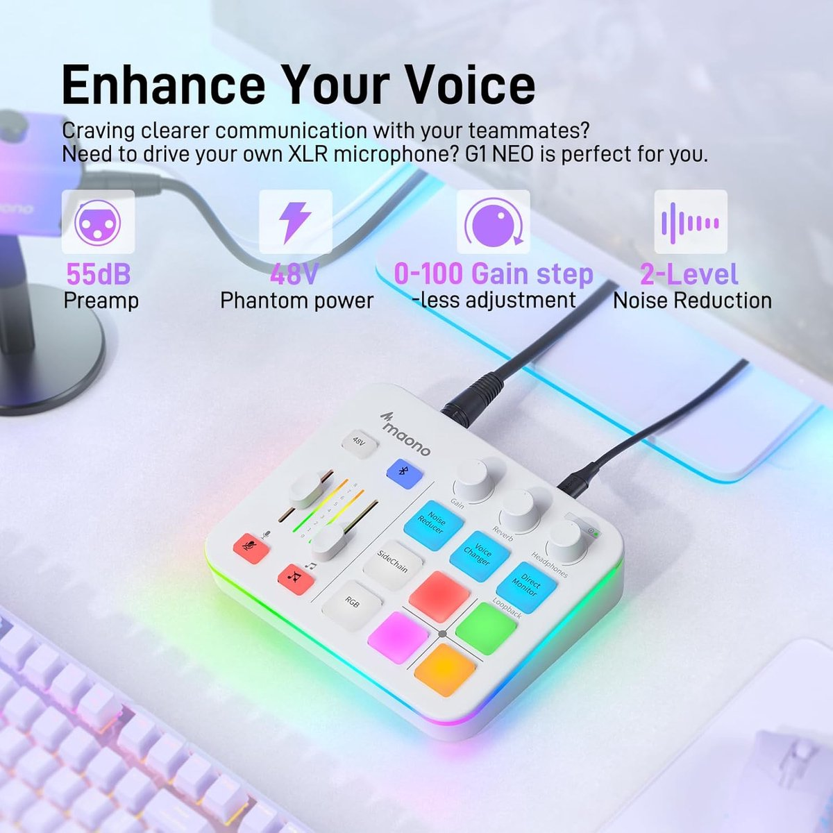 A white audio interface with colorful buttons and knobs, advertised with features.