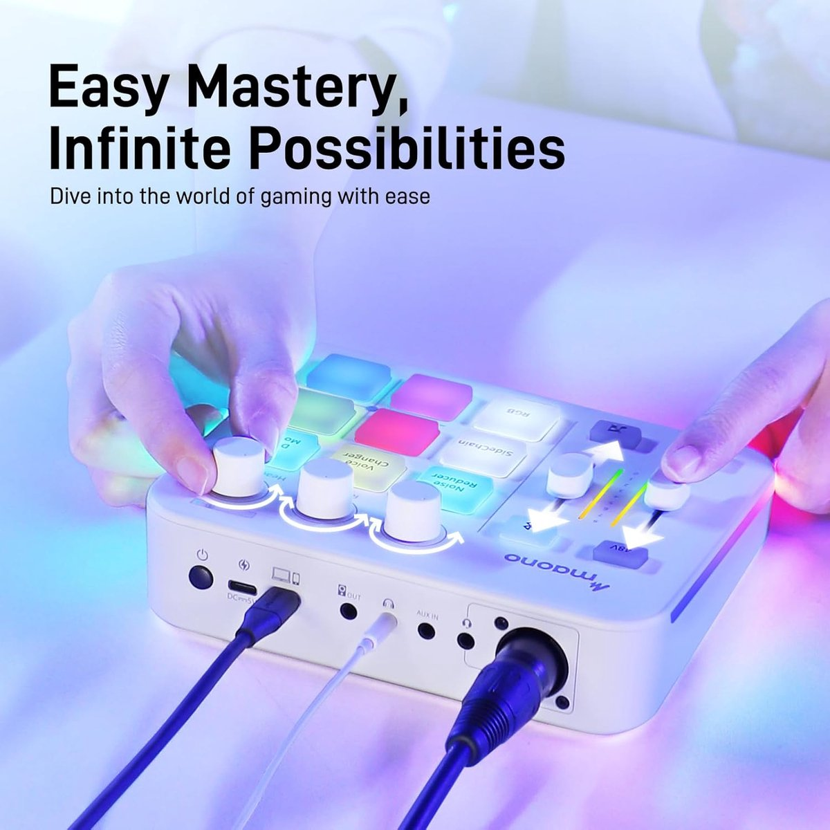 A hand operates a white audio device with illuminated buttons and knobs.
