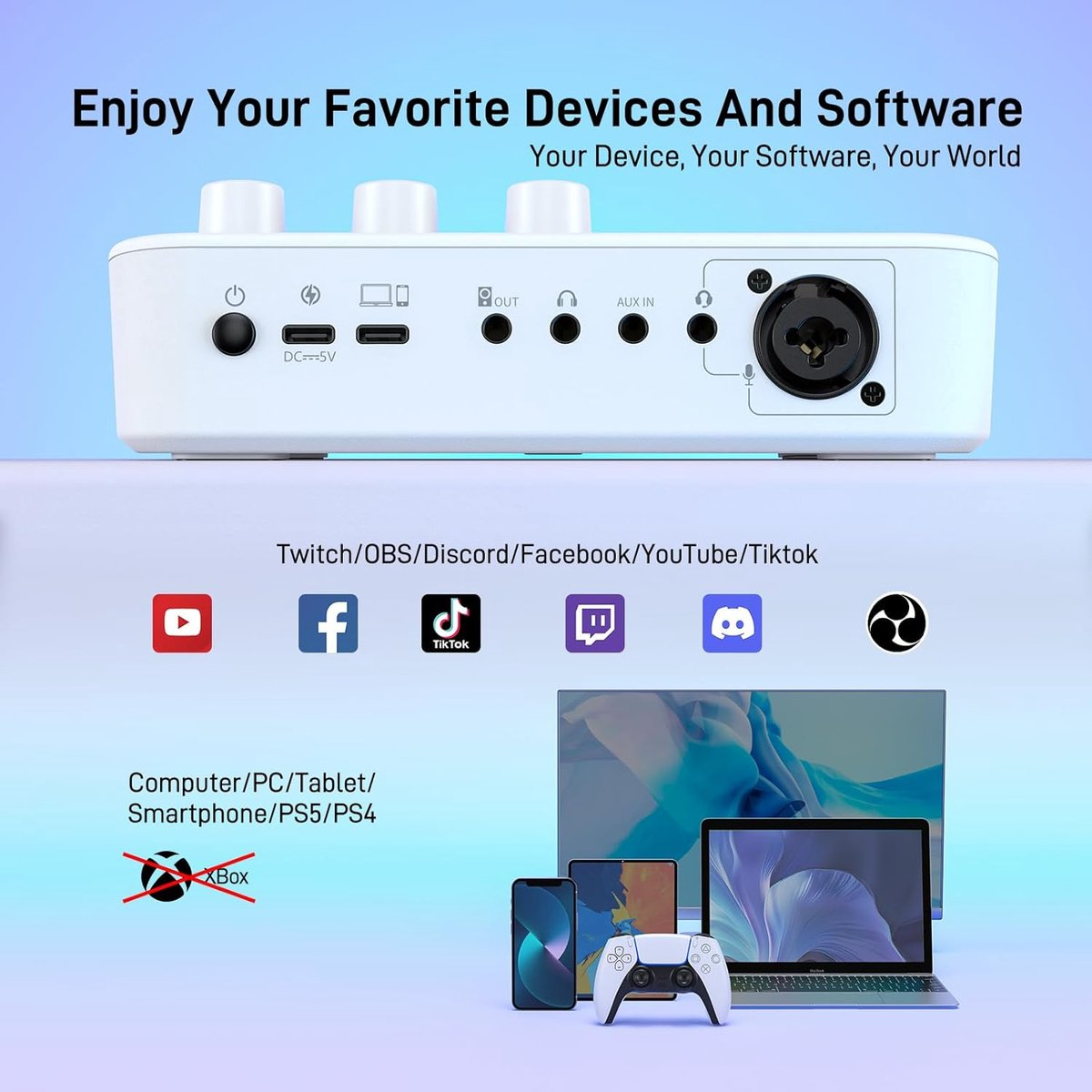 A white audio device with knobs and ports. Social media icons and devices shown.