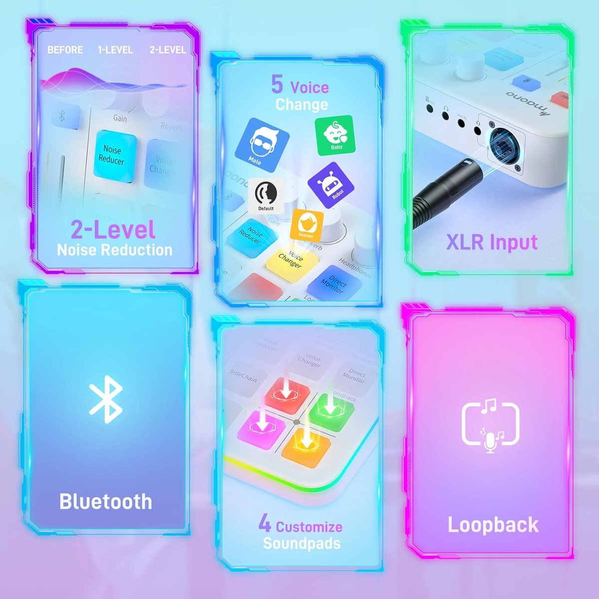 Graphic with 6 panels showing audio features: noise reduction, voice change, XLR input, Bluetooth, soundpads, Loopback.