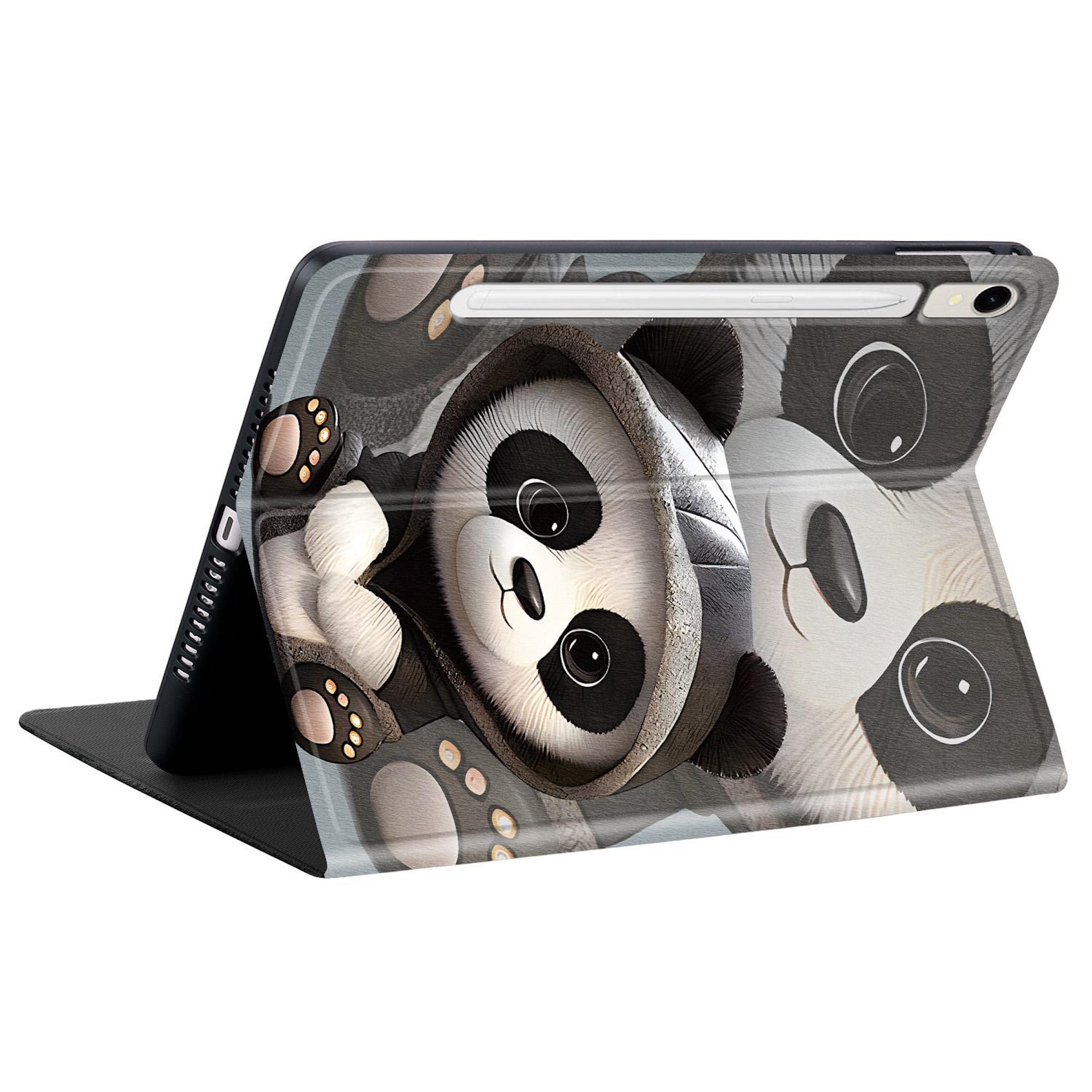 Ein Tablet-Etui mit süßem Panda-Design, das sein Gesicht und seine Pfoten zeigt.