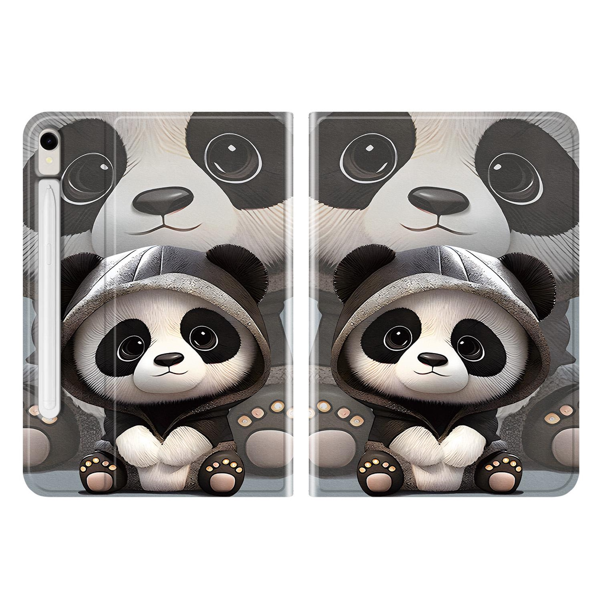 Zwei süße Pandas in Hoodies sitzen nebeneinander, mit großen Augen.