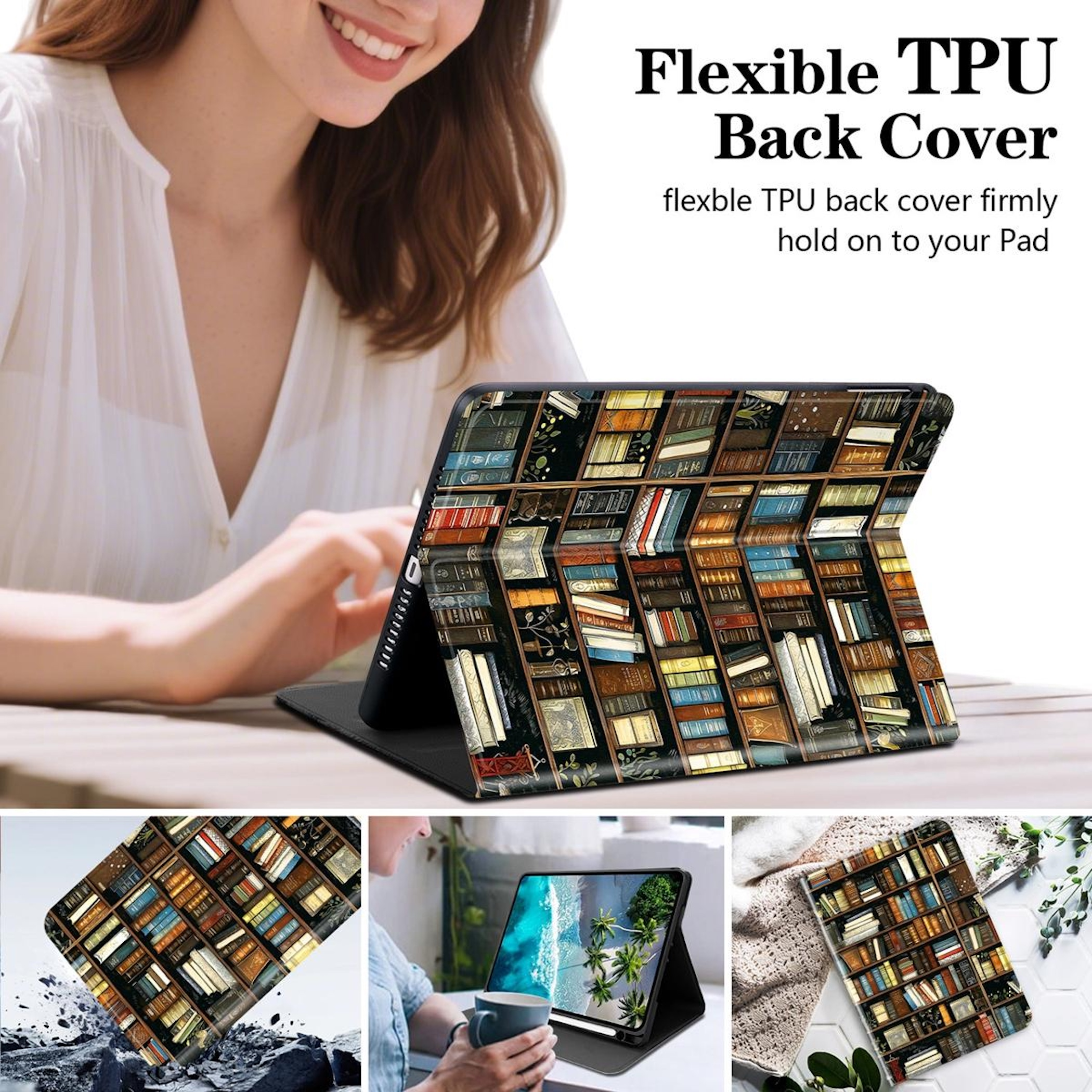 Eine Frau lächelt, während sie ein Tablet benutzt, das mit einem Buchmuster-Cover geschützt ist.