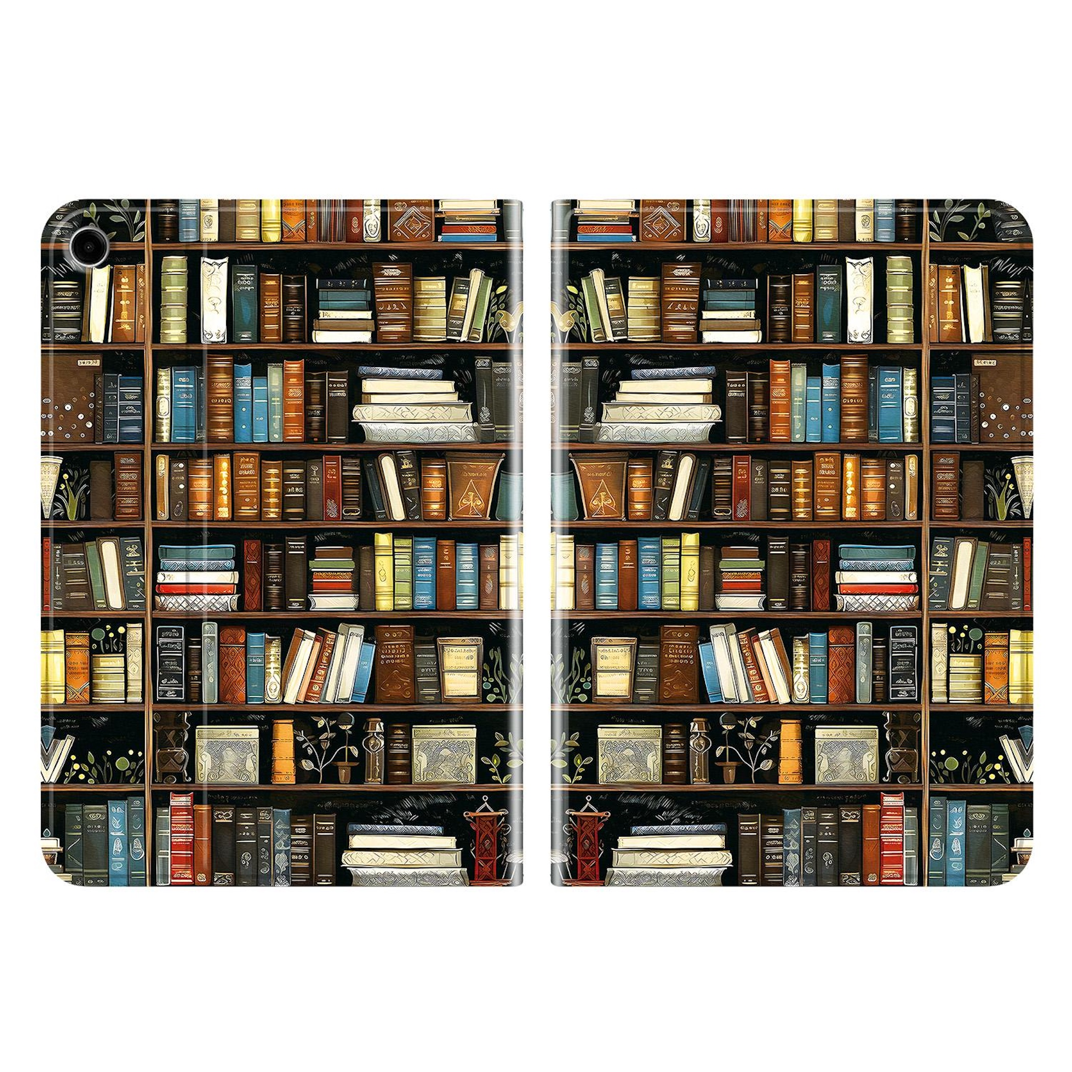 Ein aufgeschlagenes Buchcover mit Regalansicht voller Bücher.
