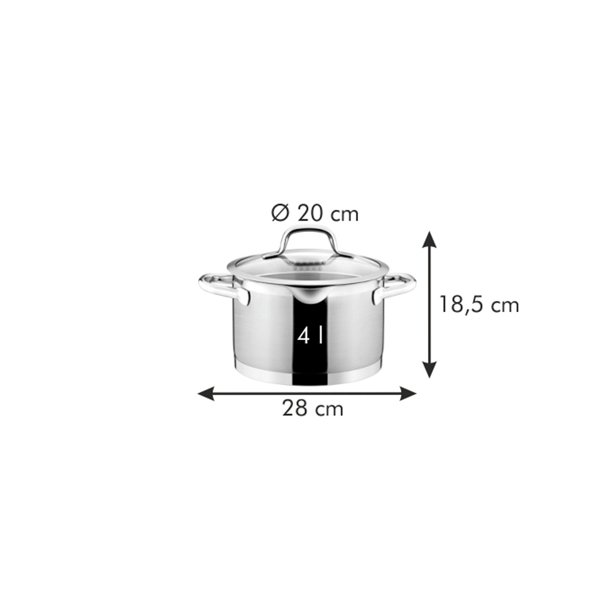 Edelstahltopf mit Deckel, 4L, Ø 20cm, H 18,5cm, L 28cm.
