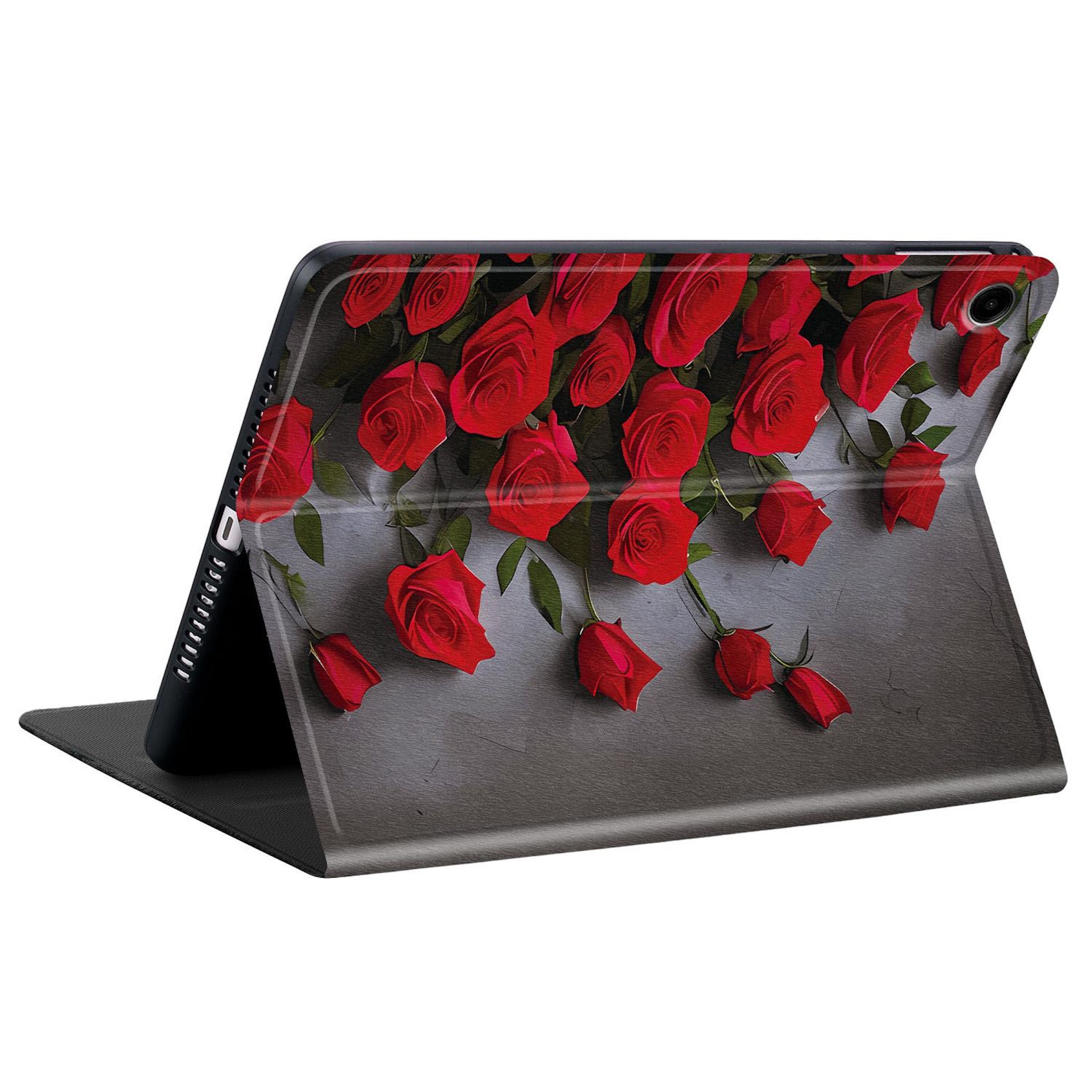 Ein Tablet mit einem Motiv aus roten Rosen auf dem Flip-Cover.