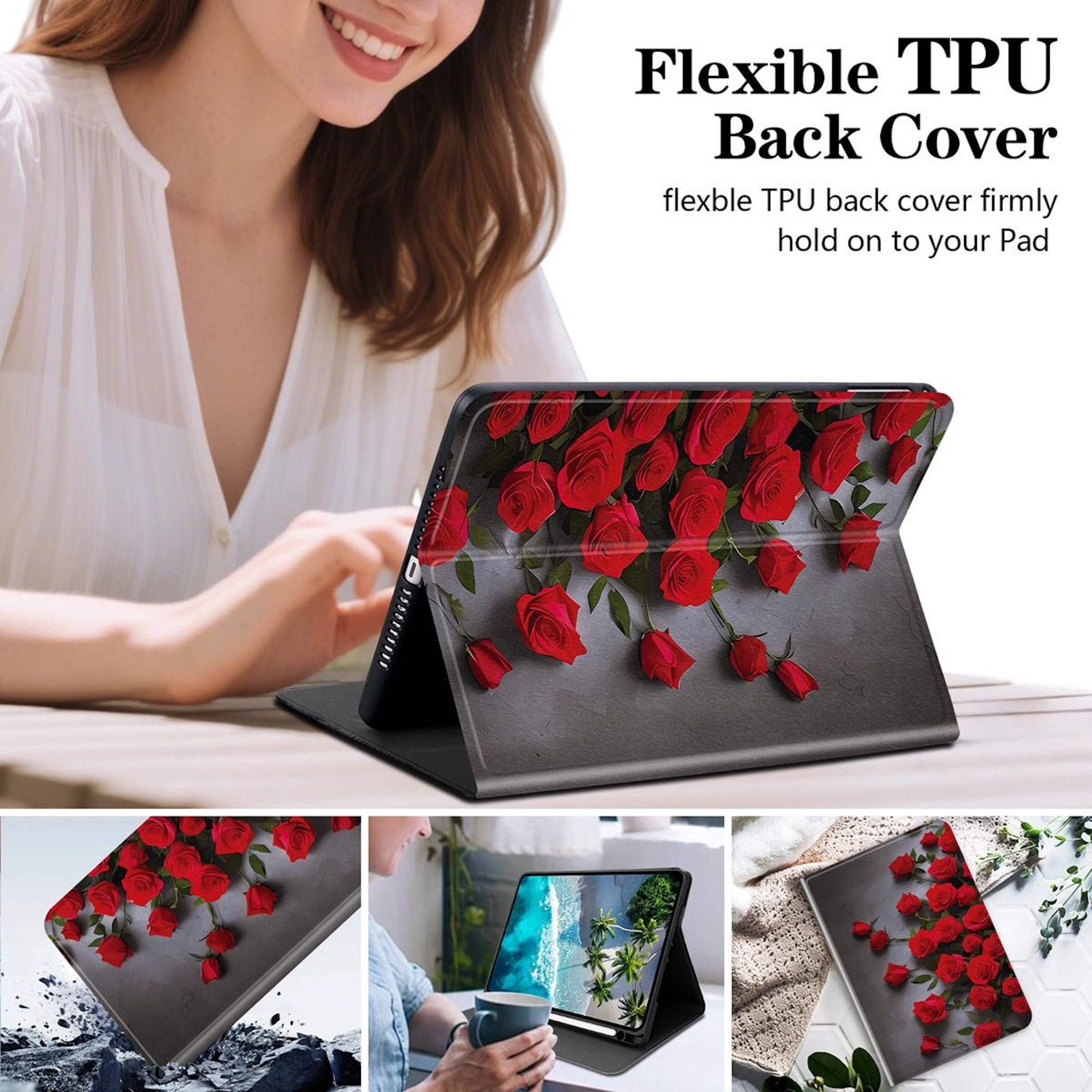 Tablet-Hülle mit Rosenmotiv, zeigt eine Frau und Nahaufnahmen der Hülle.