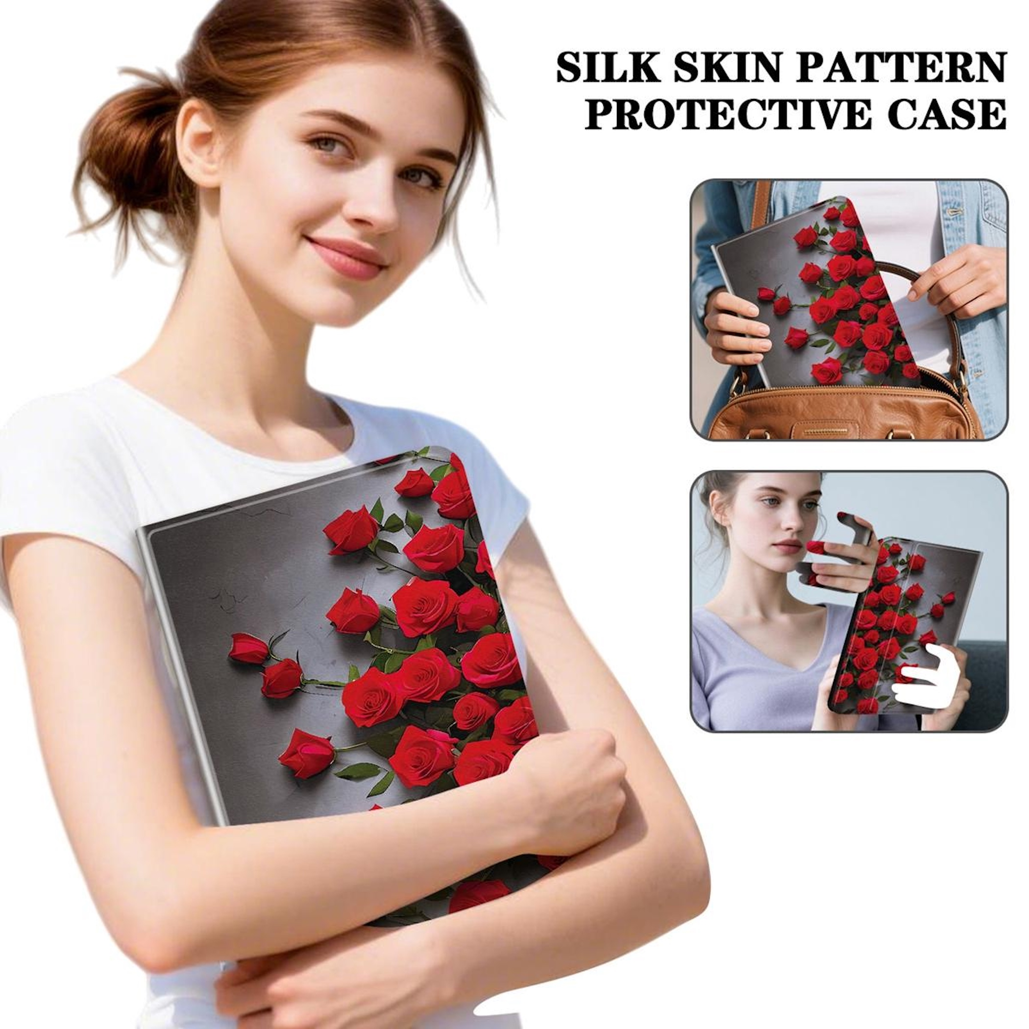 Eine Frau hält eine Hülle mit roten Rosen. Nahaufnahme der Hülle.