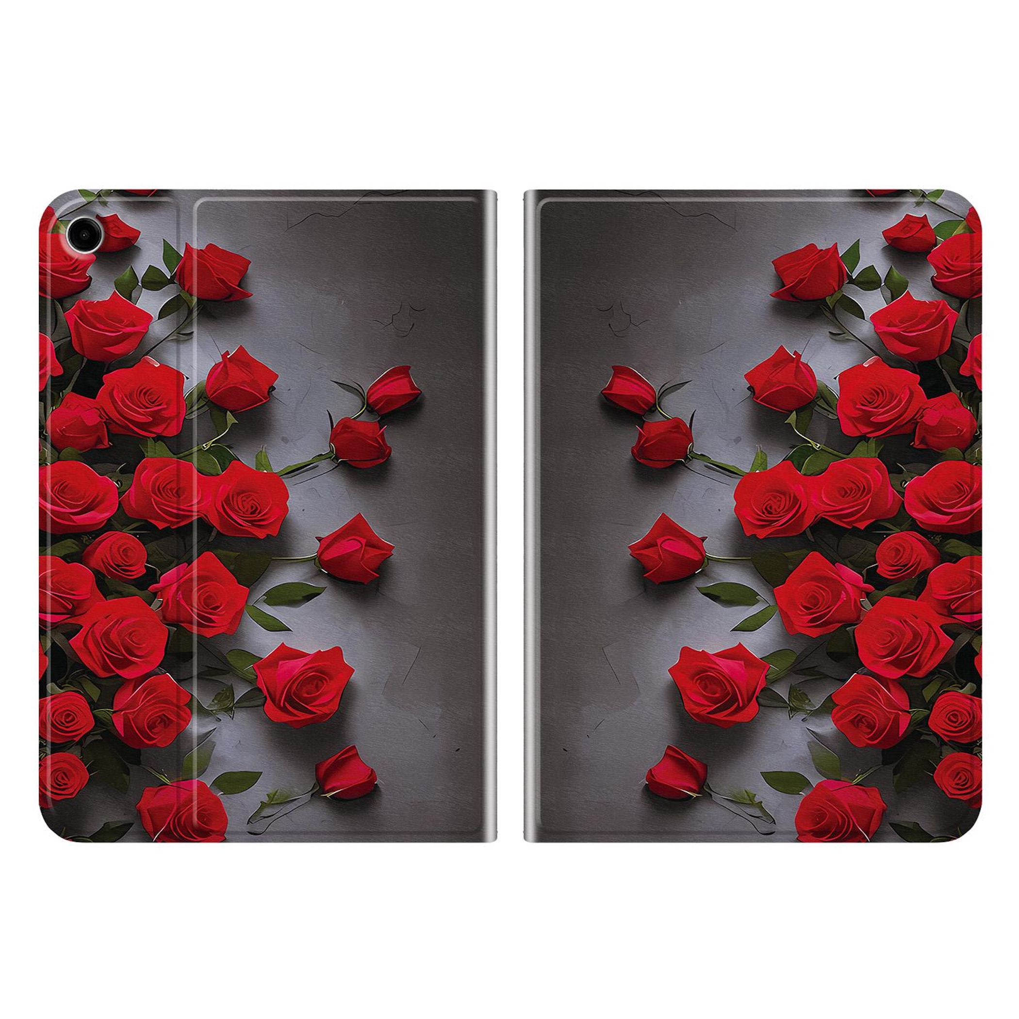 Rote Rosen und Blätter auf einem dunklen Hintergrund.