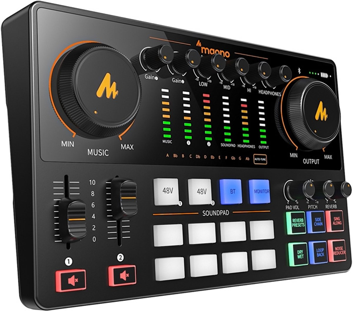 Un'interfaccia audio Maono nera con manopole, slider, LED e pad.