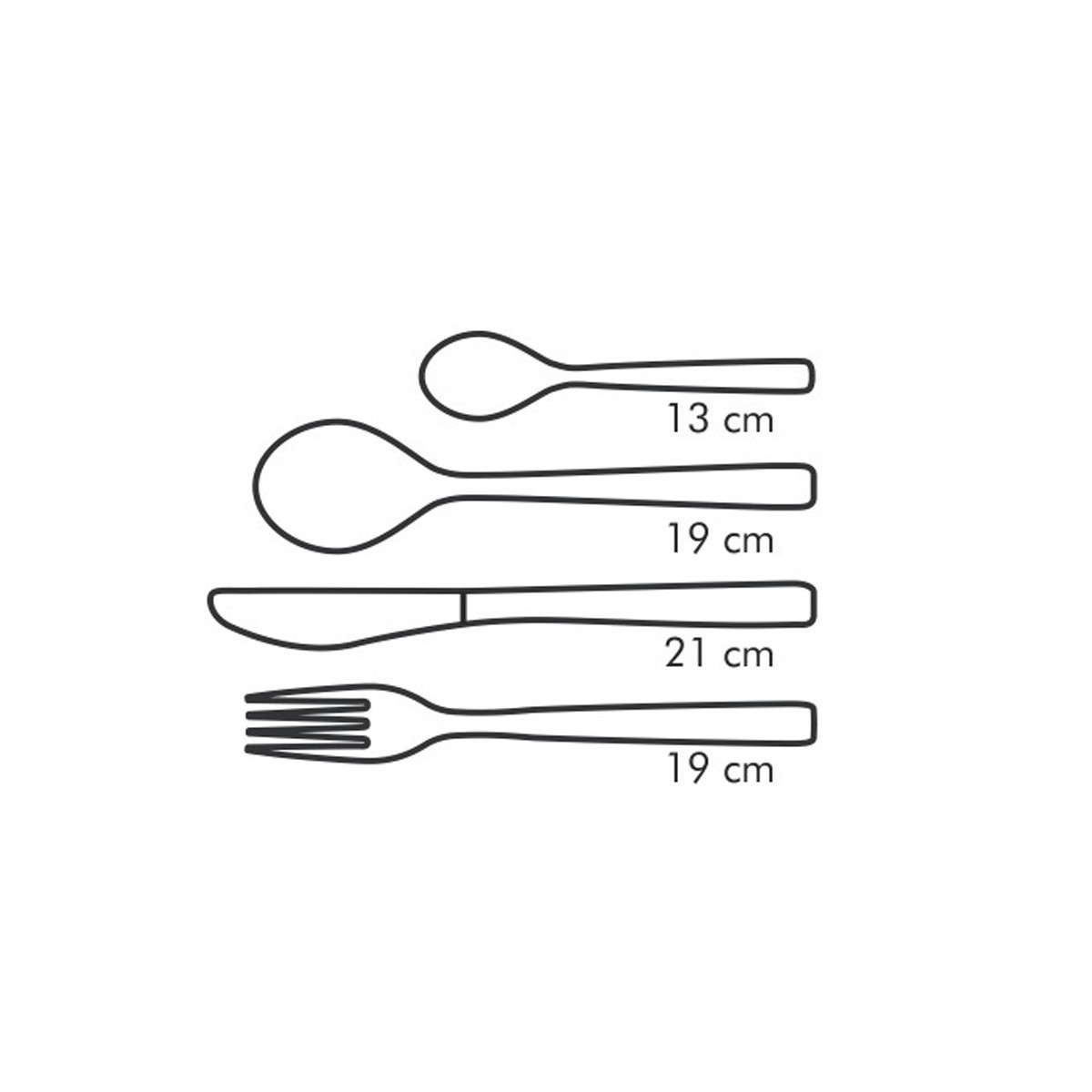 Silhouetten von Essbesteck mit Größenangaben: Löffel (13cm), großer Löffel (19cm), Messer (21cm), Gabel (19cm).