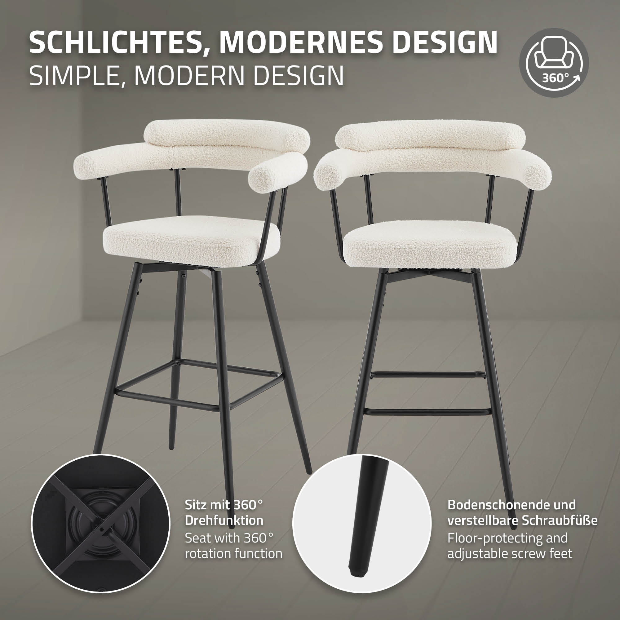 Zwei weiße Teddyfleece Barhocker mit schwarzen Metallbeinen. Sitz dreht sich 360°.