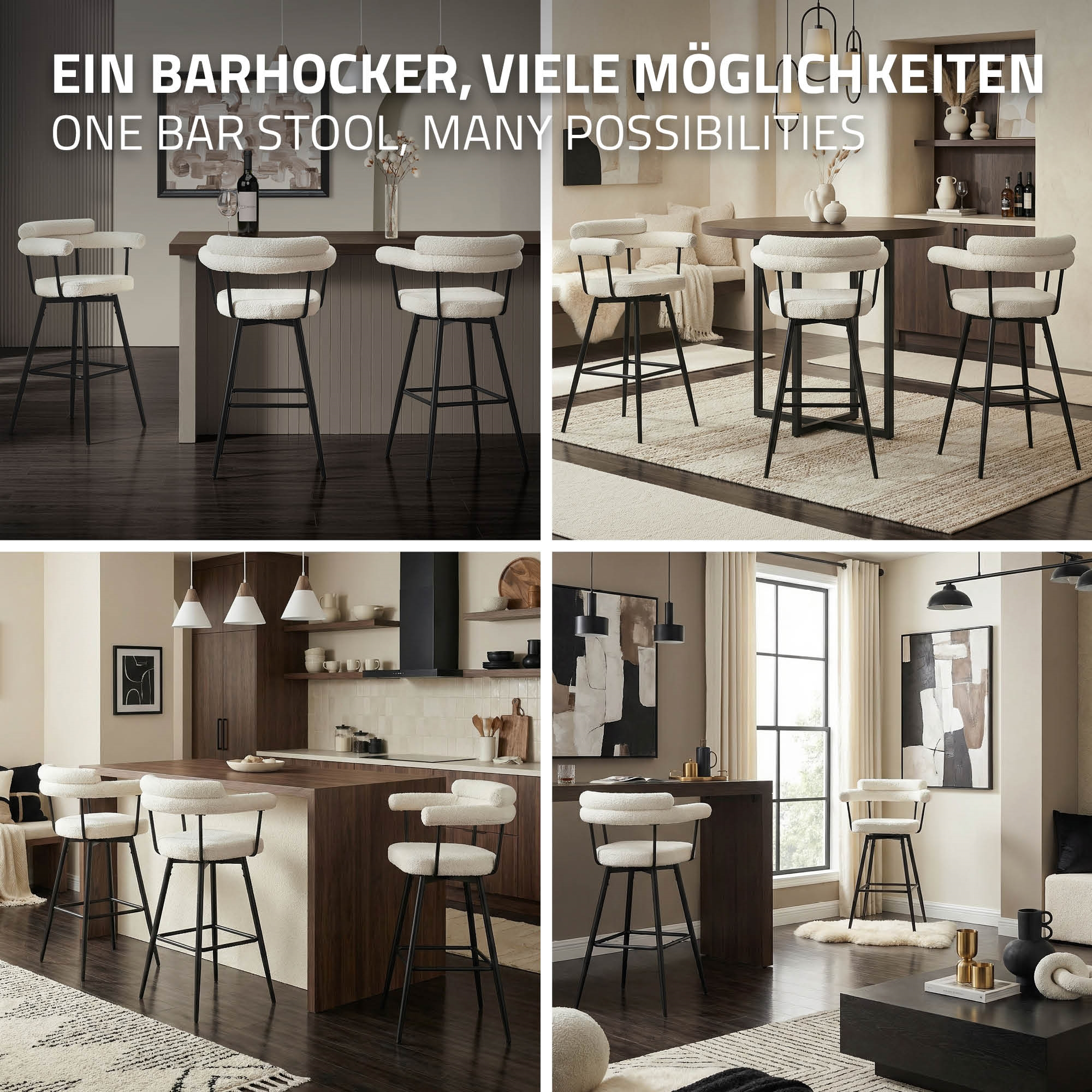 Vier Szenen zeigen weiße Barhocker mit schwarzen Beinen in modernen Wohnräumen.