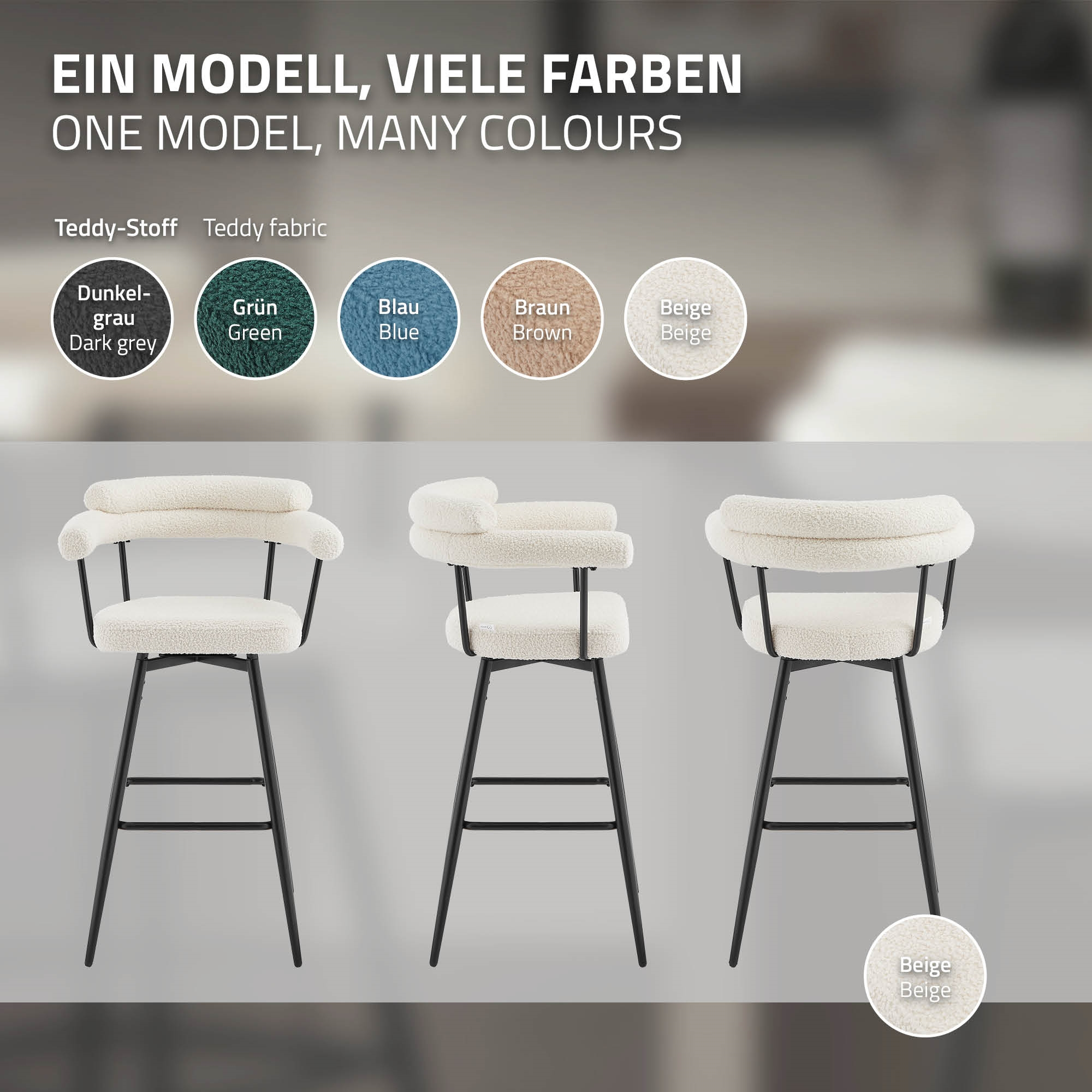Drei beige Teddy-Stoff Barhocker mit schwarzen Metallbeinen nebeneinander.