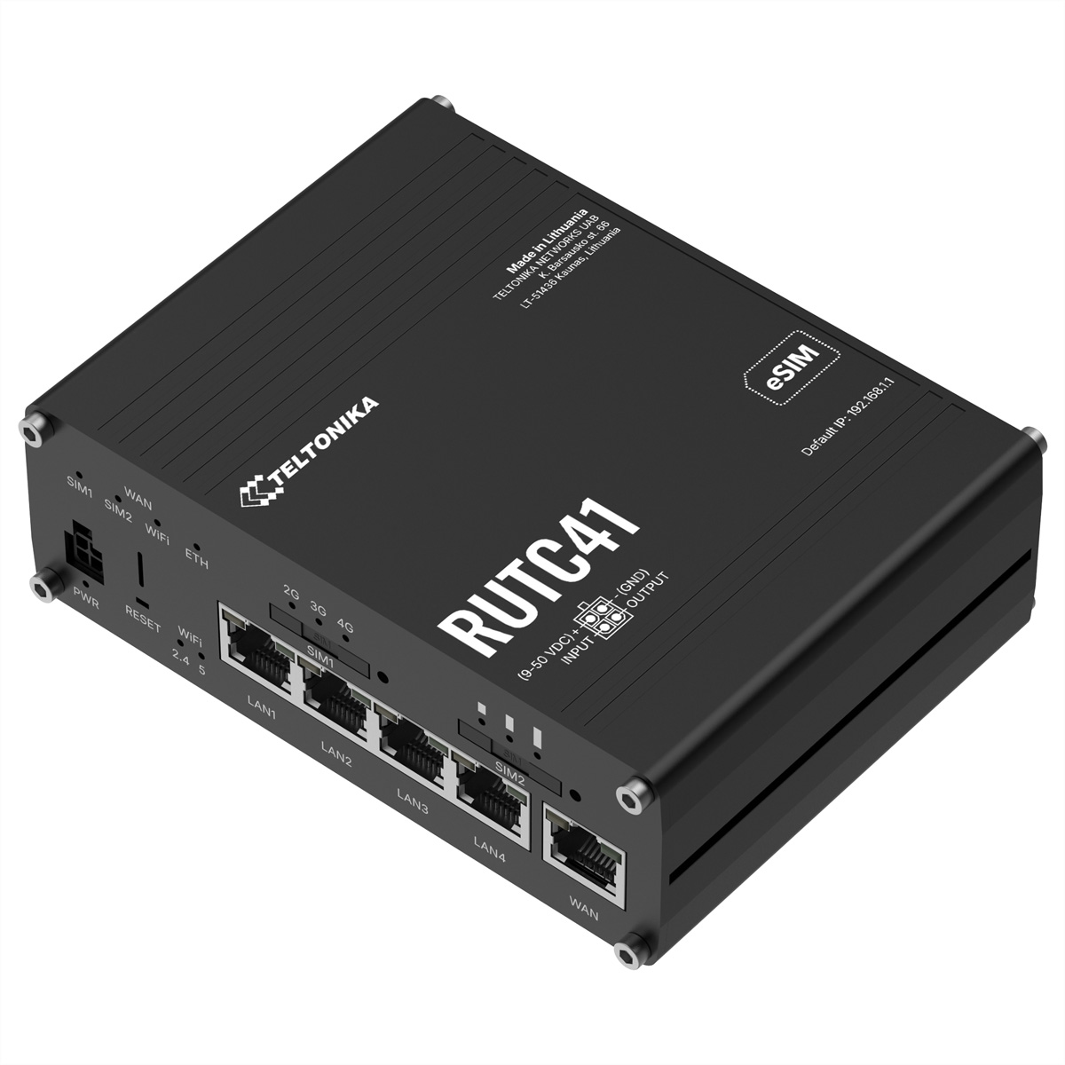 Schwarzer Teltonika RUT C41 Router mit vielen Anschlüssen und LEDs.